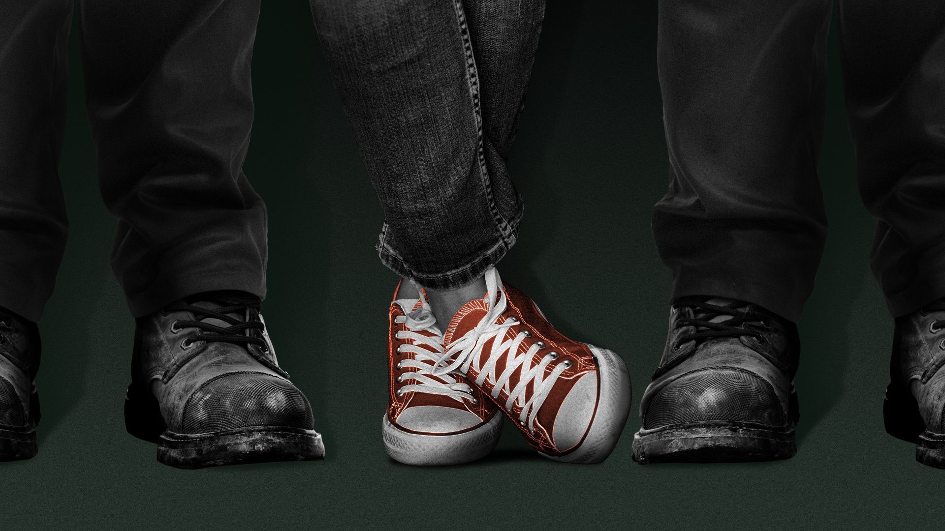 Illustration of a teen wearing canvas shoes flanked by two people in work boots.