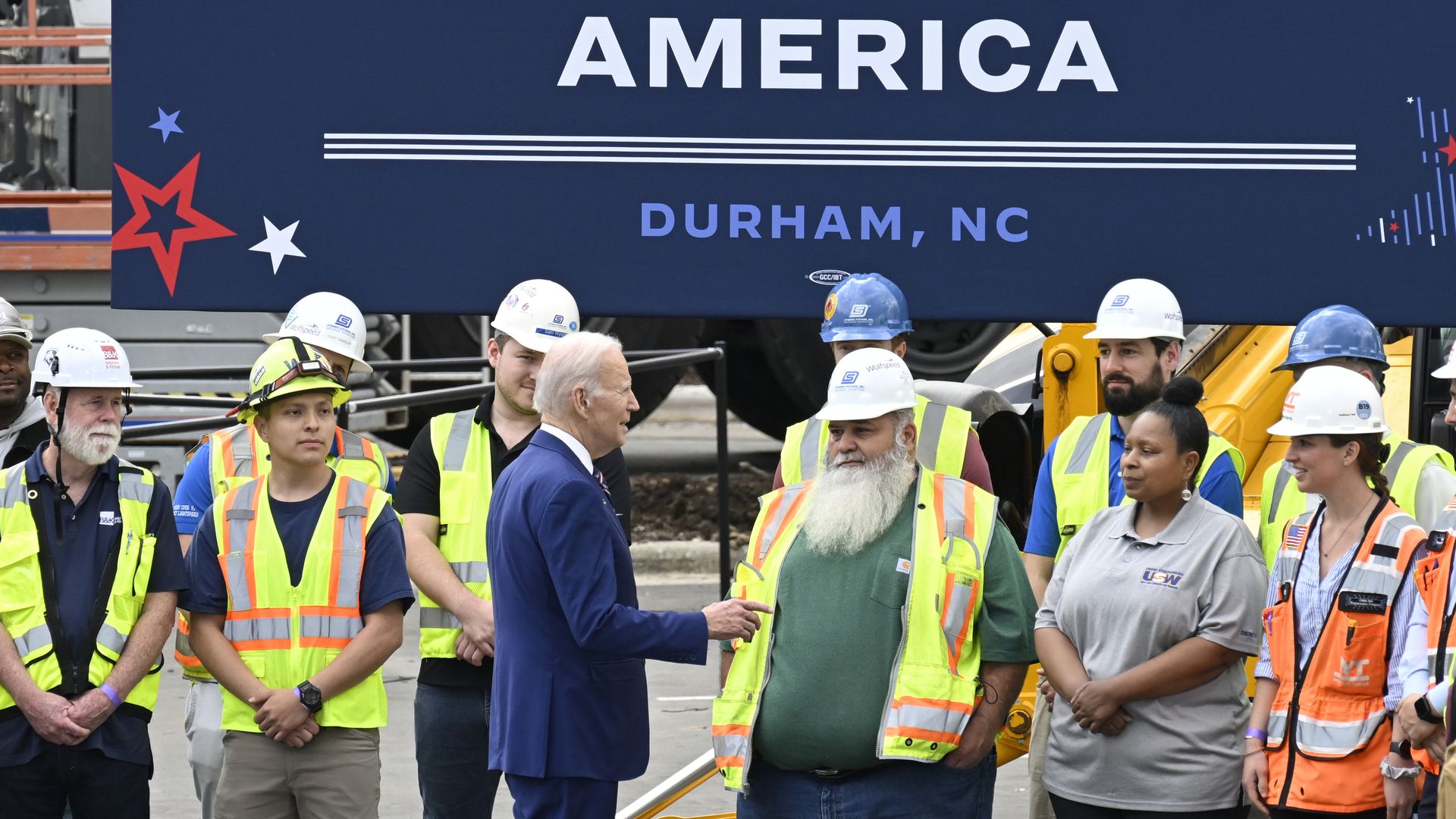 DURHAM, USA - MARCH 28: President Joe Biden visits a Wolfspeed semiconductor manufacturing facility in Durham, North-Carolina to kick off the Investing in America Tour in Durham NC, United States on March 28, 2023 (Photo by Peter Zay/Anadolu Agency via Getty Images)