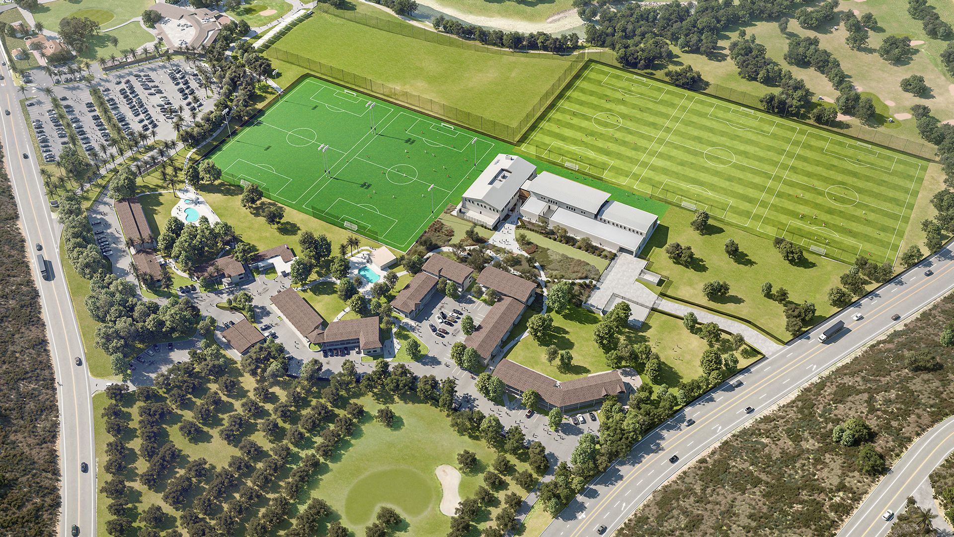 An aerial view of a soccer complex.
