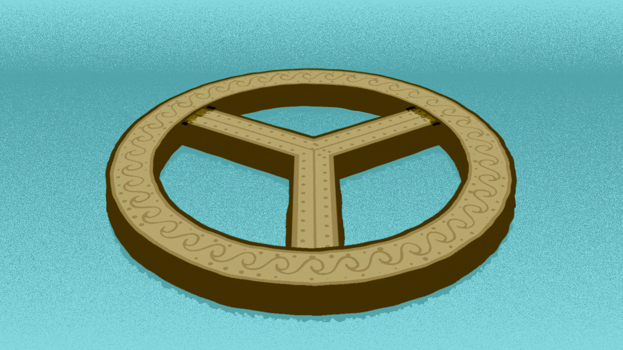 Animated illustration of a Chicago Municipal Device with the three spokes rotating out and being replaced by a question mark, which lights up with sparkles in the shape of stars from the Chicago flag.