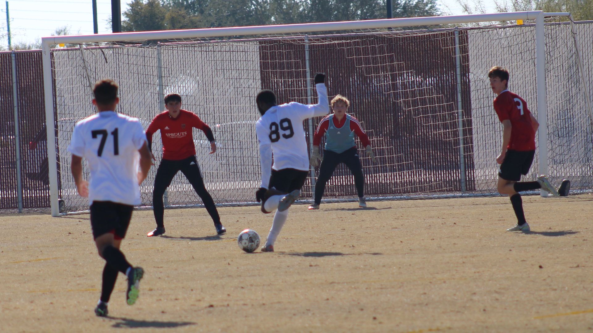 A soccer player prepares to shoot the ball at the goal. 
