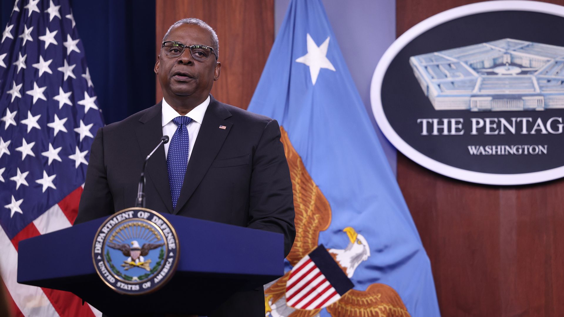 Secretary of Defense Lloyd Austin speaks at a news briefing at the Pentagon on July 20, 2022