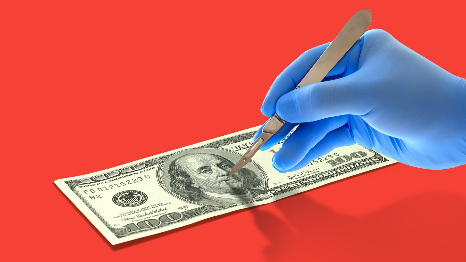 Illustration of a gloved hand holding a scalpel over a hundred dollar bill