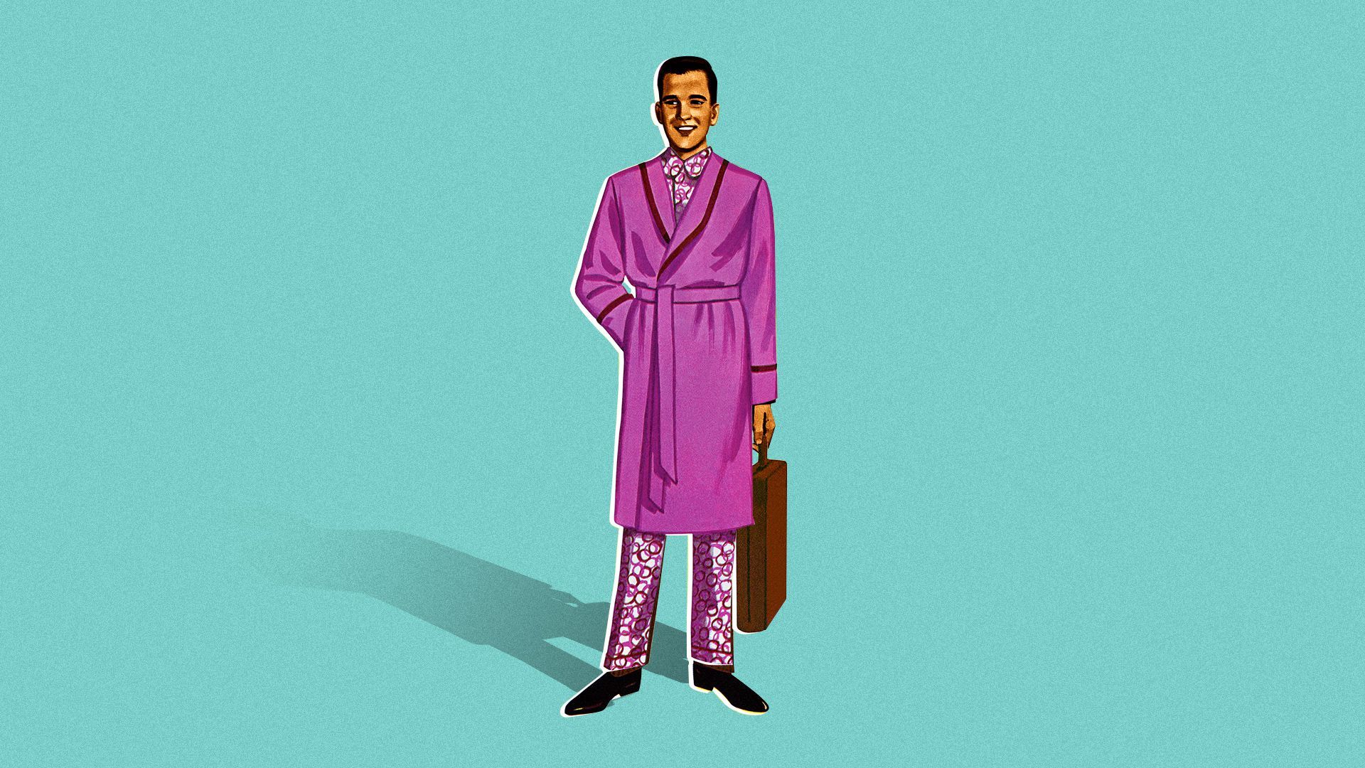 Illustration of a man in a bathrobe with a briefcase done in 50s mid century modern illustration style. 
