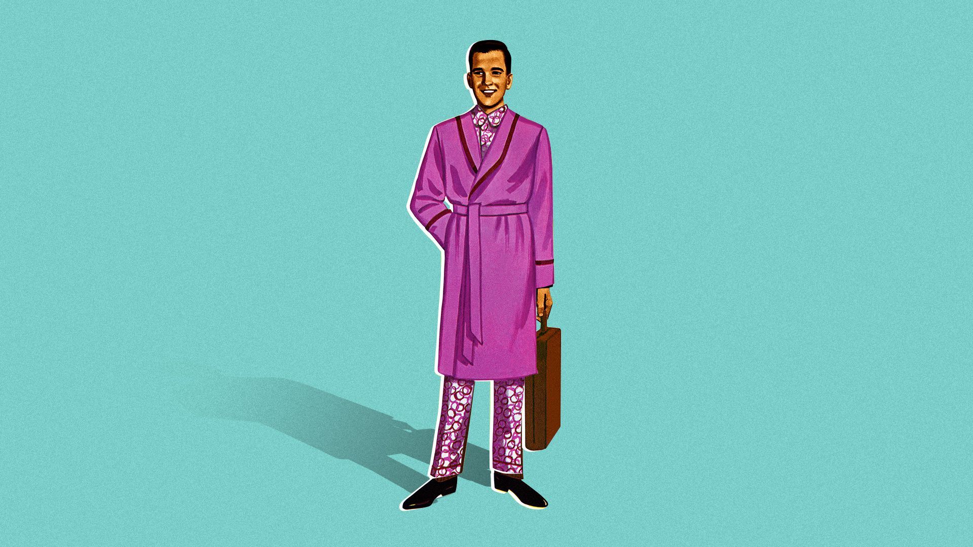 Illustration of a man in a bathrobe with a briefcase done in 50s mid century modern illustration style.