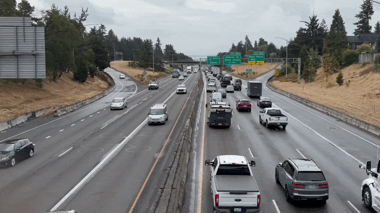 Vehicle traffic shown on the southbound I-5 near the Rosa Parks Way exit.
