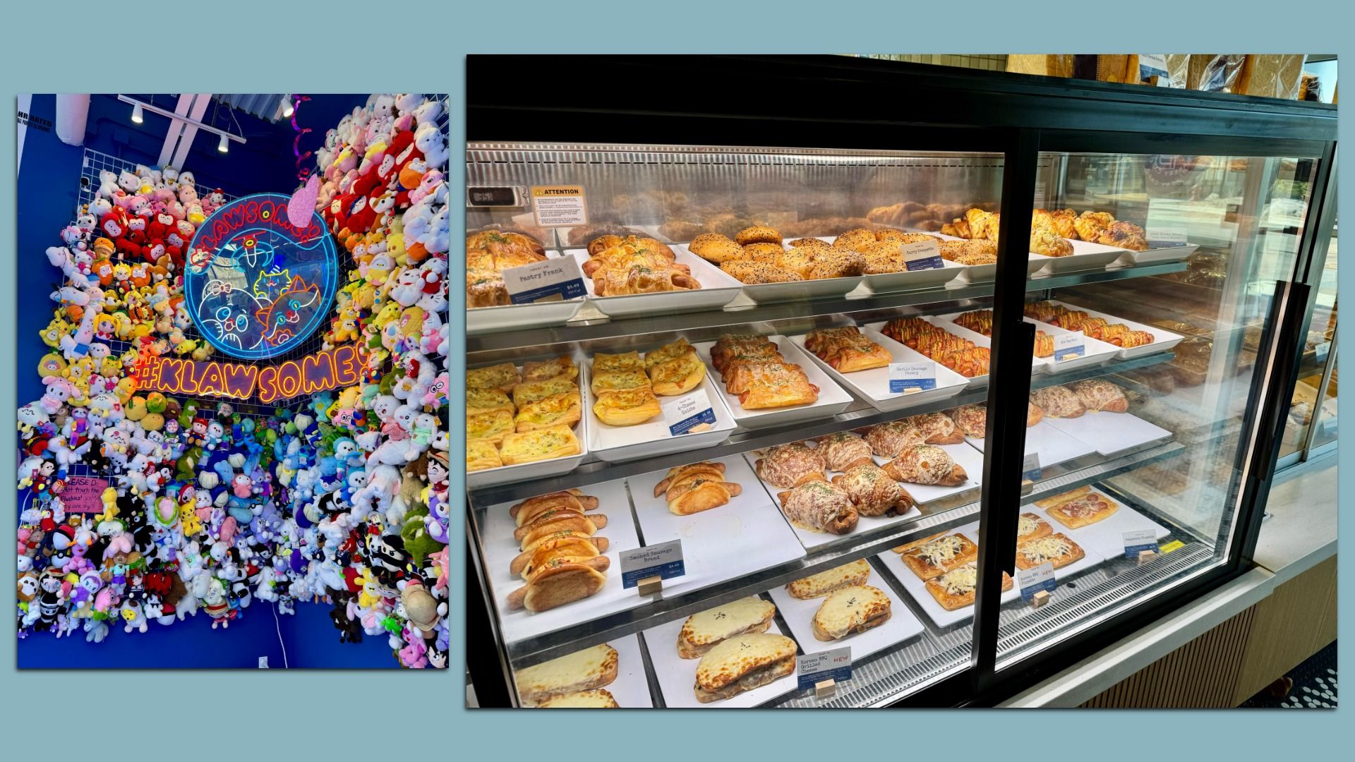 Two photos on a blue-gray background: left shows a chaotic claw machine filled with colorful plush toys and a neon sign reading "KLAWESOME"; right shows a glass bakery display case with trays of croissants and pastries.