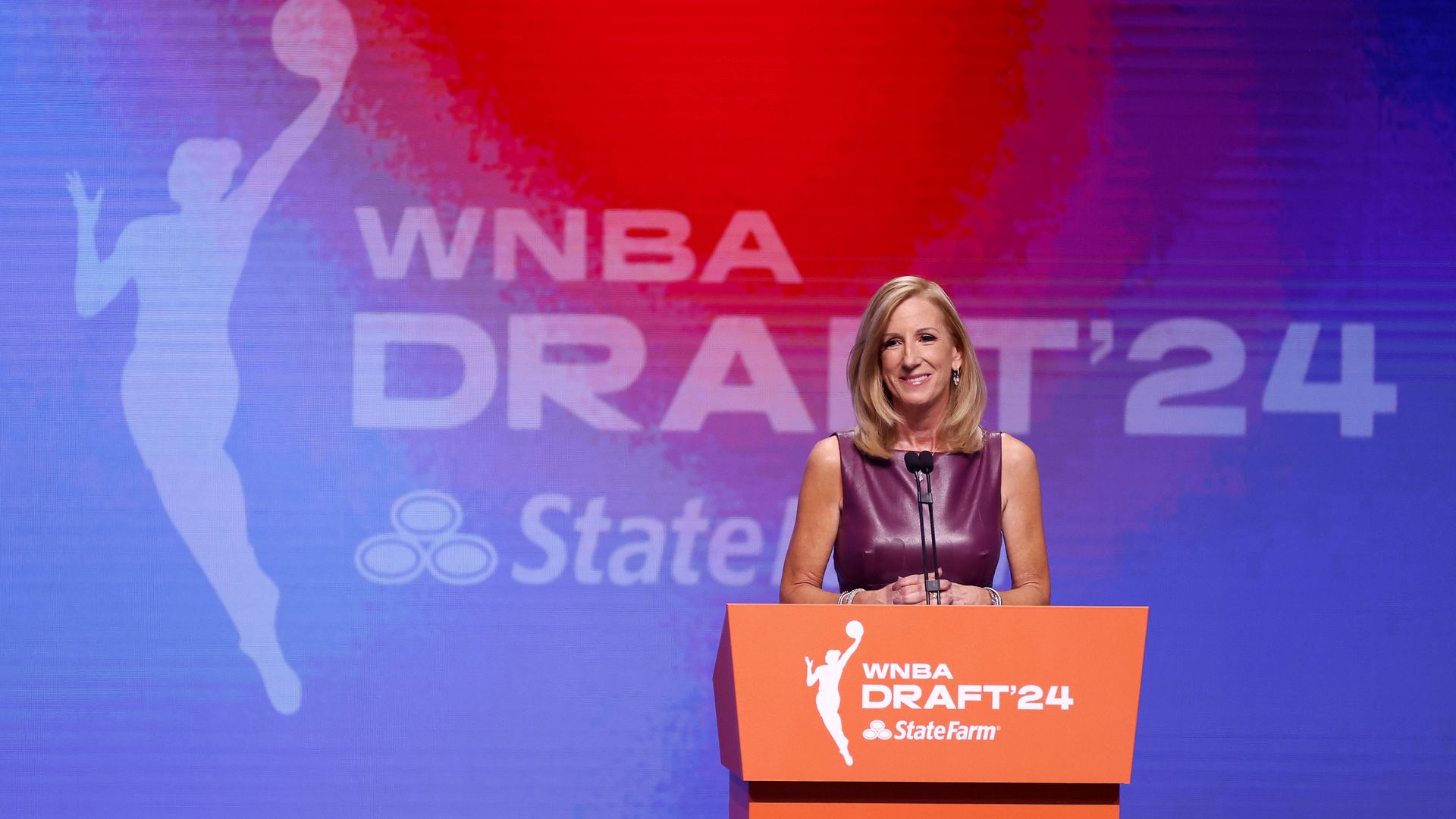 WNBA commissioner Cathy Engelbert on stage Tuesday at the WNBA Draft.