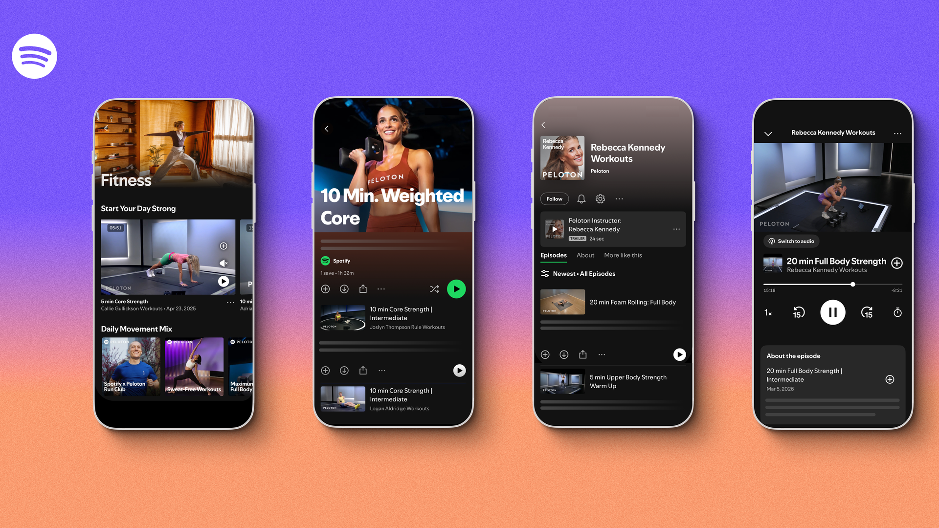Four smartphone screens display Spotify’s new fitness experience, including a fitness hub, guided workout videos, and Peloton instructor-led classes integrated into the app.