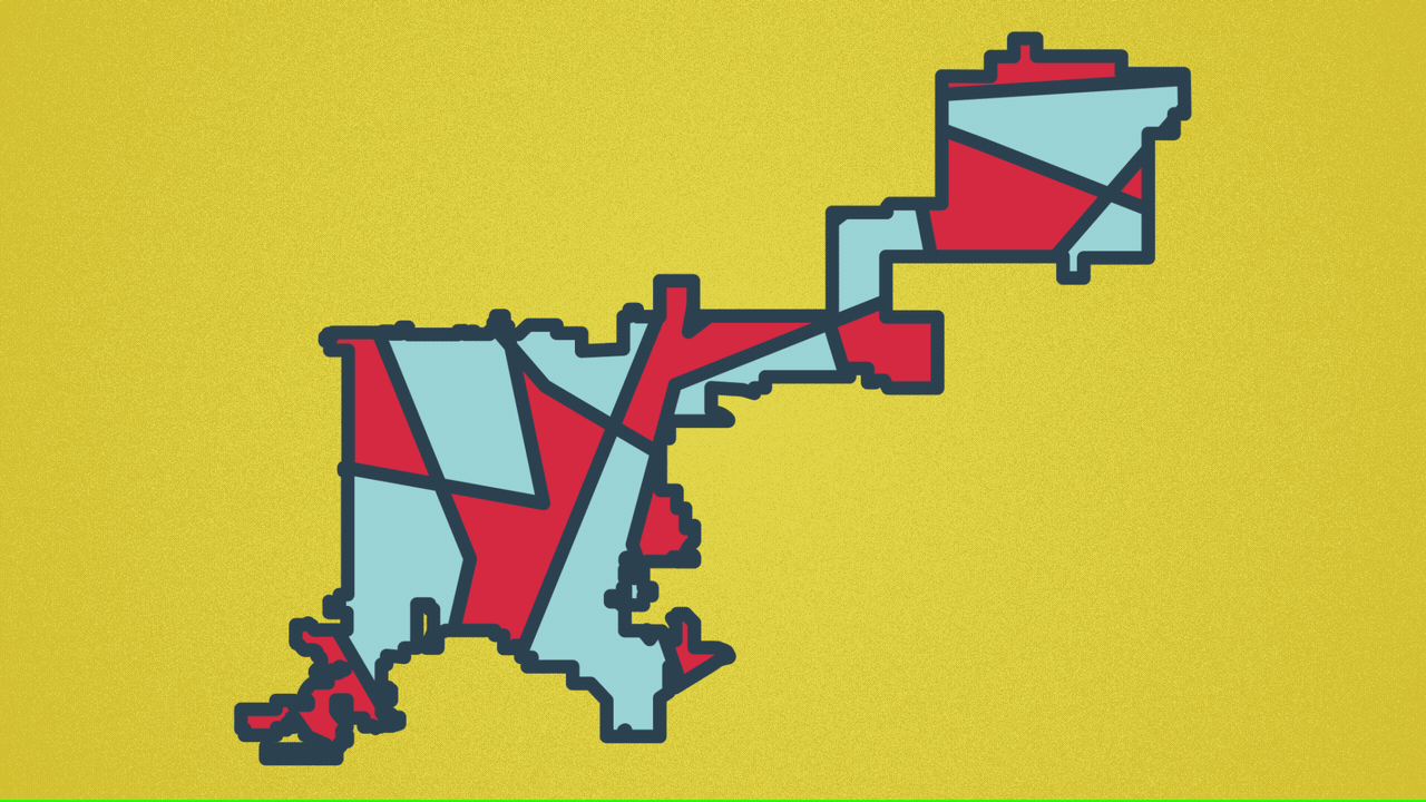 Illustration of the city of Denver with moving districts inside it. 