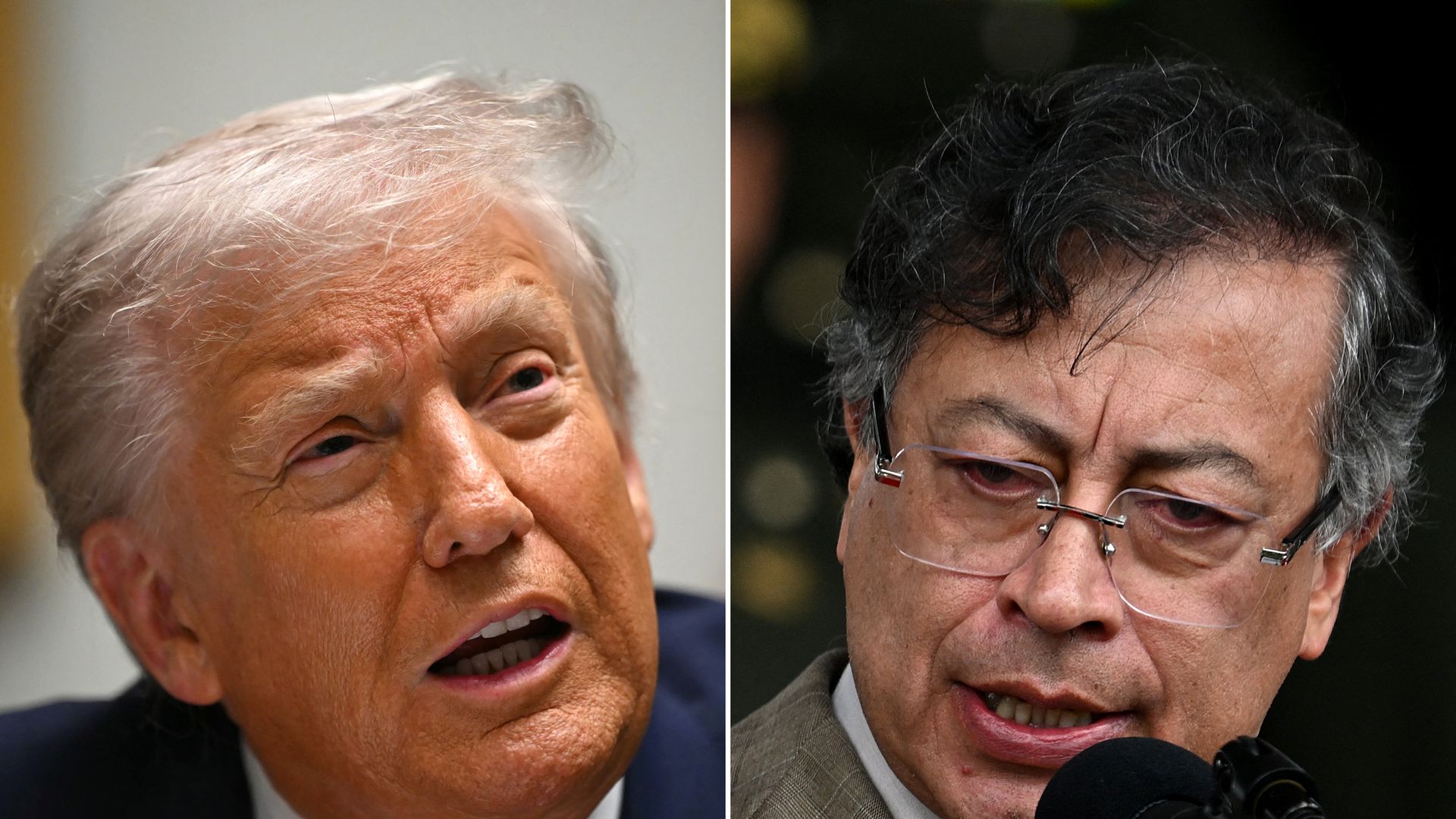 Trump on the left side wearing a blue suit jacket and white collared shirt while speaking and Petro on the right side wearing a grey suit jacket,  white collared shirt and glasses while speaking into a microphone 