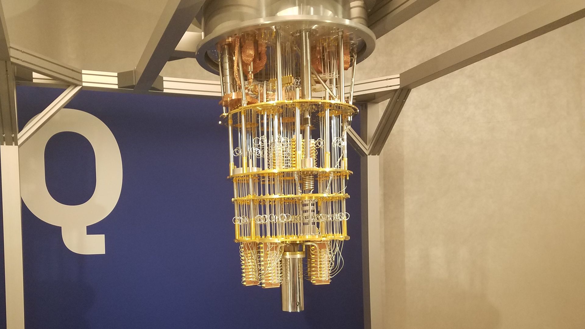 Quantum computer with cooling elements hanging from ceiling