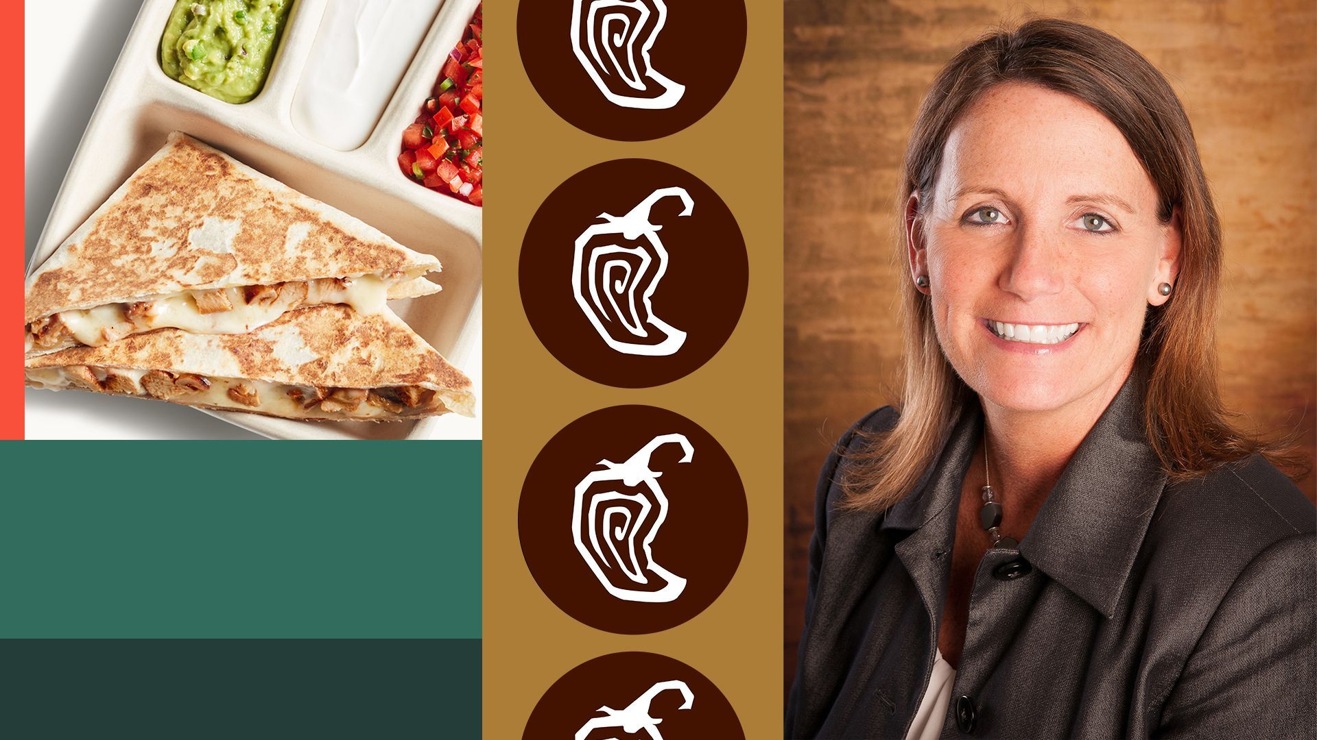 Photo illustration of Laurie Schalow with Chipotle's logo and a photo of a Chipotle quesadilla.