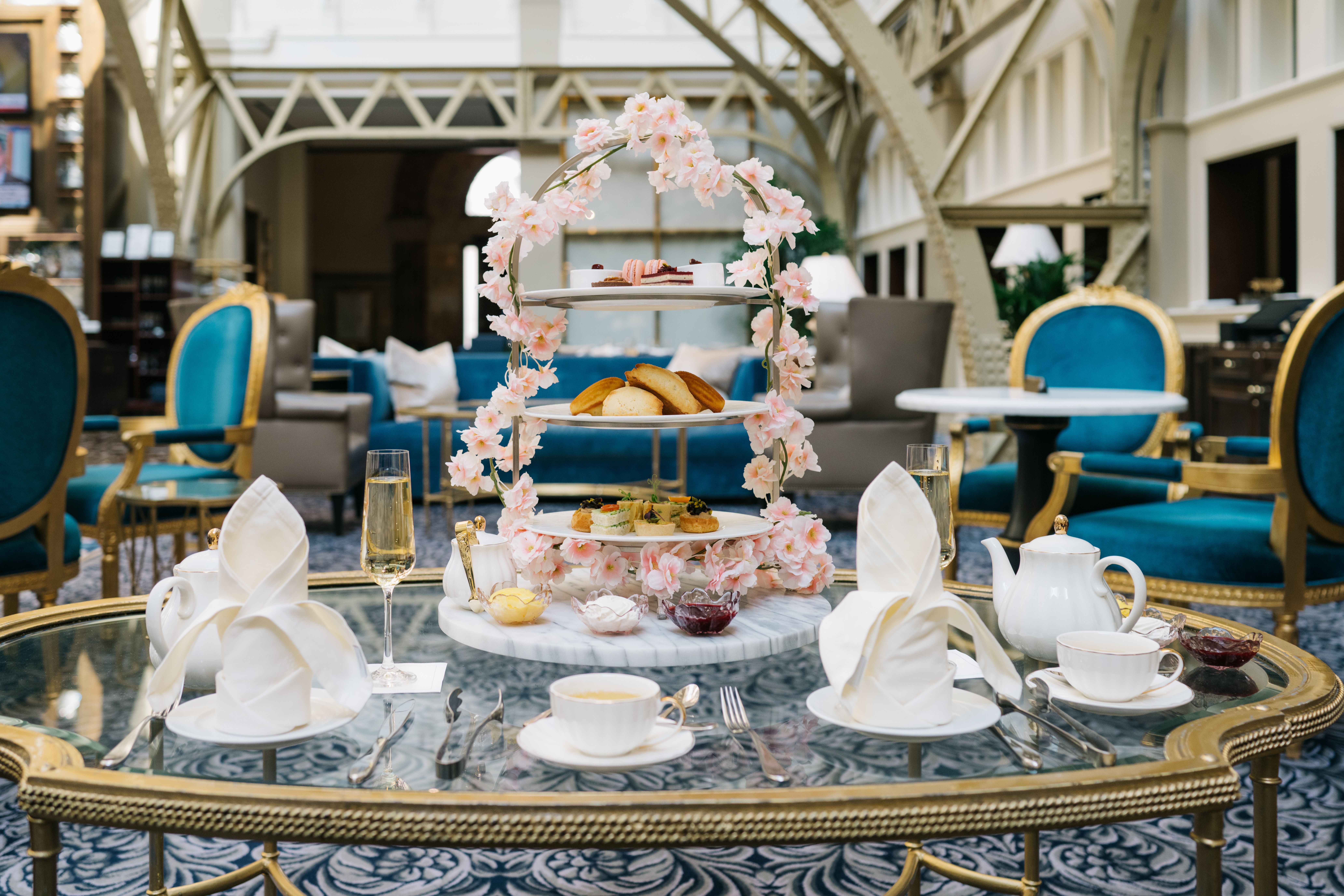 Tea service with cherry blossoms at The Waldorf Astoria DC