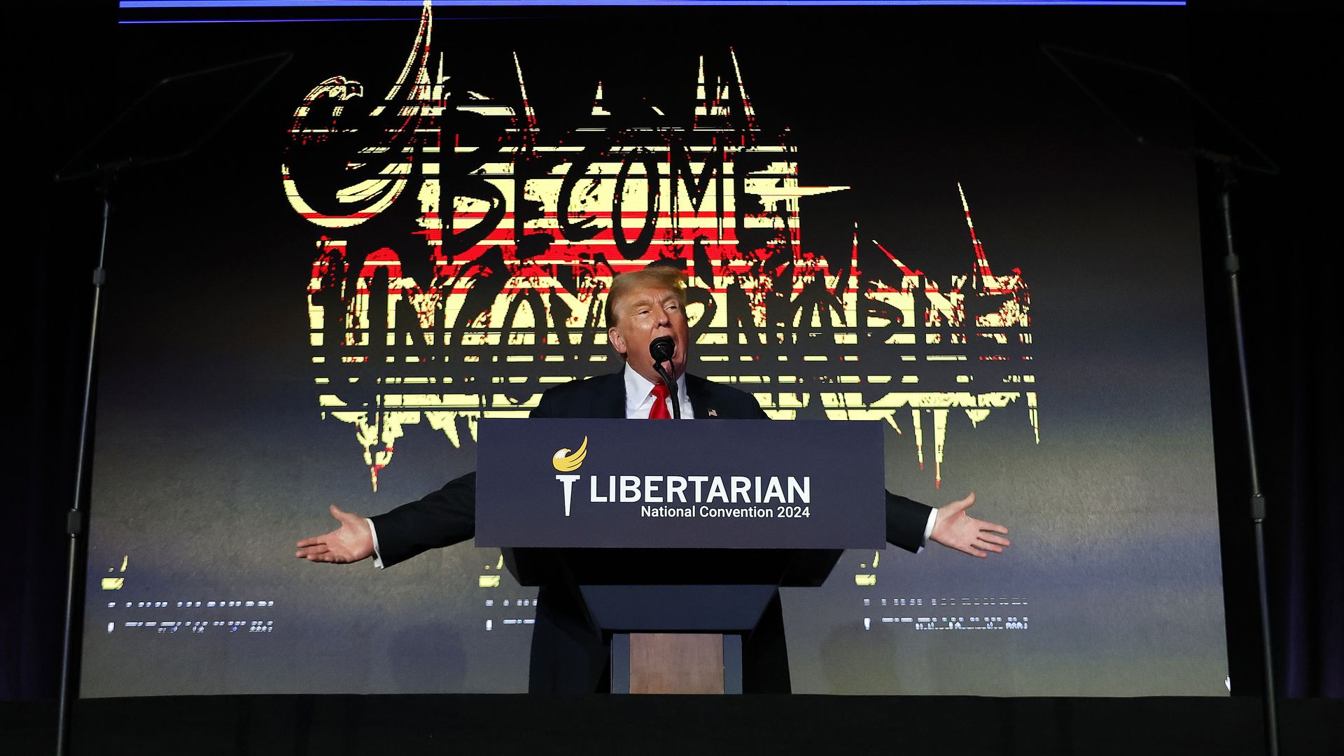 Former President Trump speaks at the Libertarian Party National Convention on May 25, 2004.