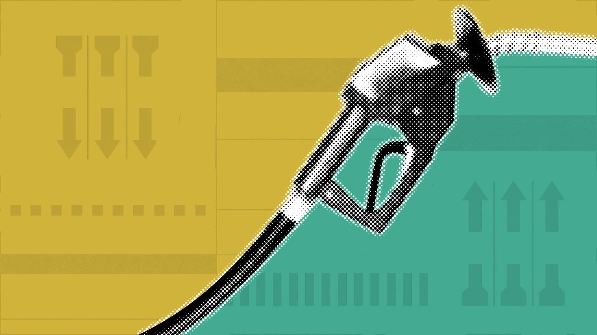 Illustration of a gas pump nozzle separating color blocks of green and yellow, with elements of ballots behind it.