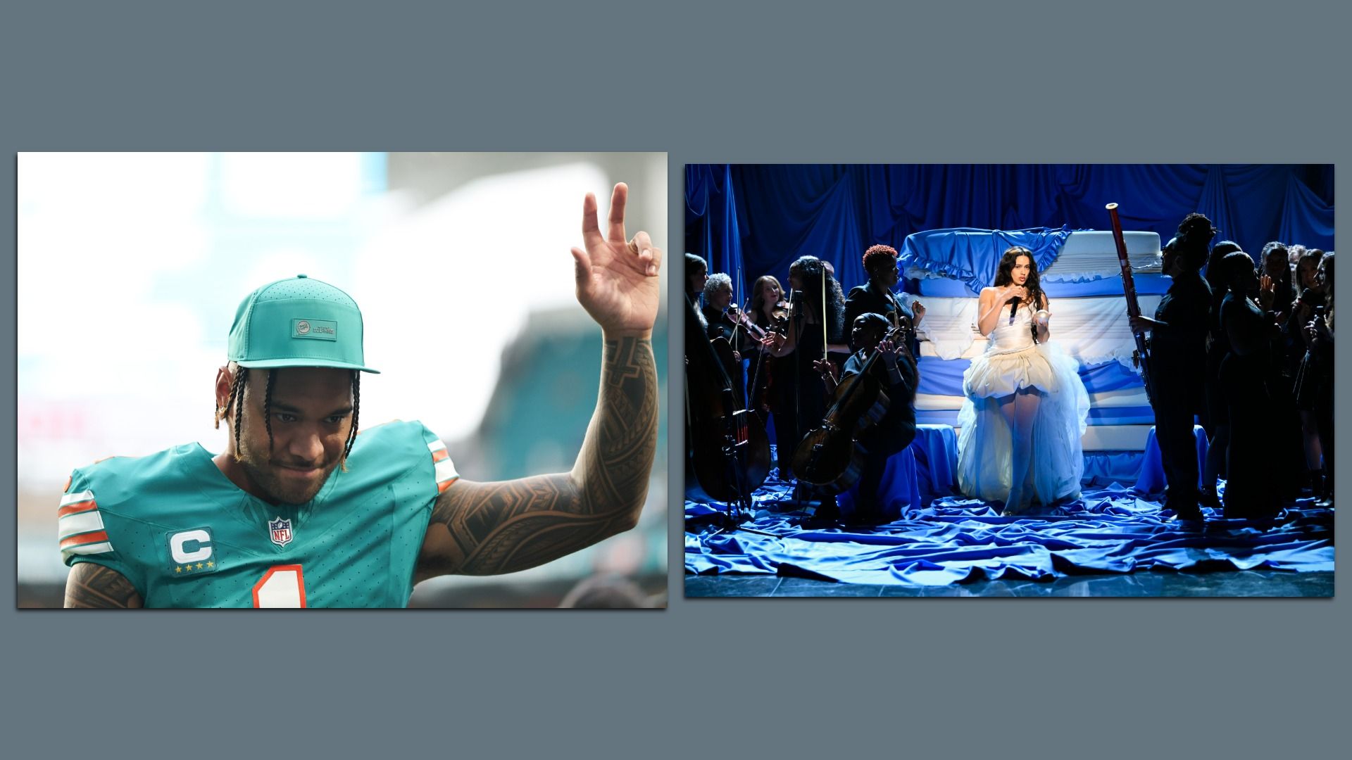 Two photos, with a football player waving on the left and a singer performing on the right. 