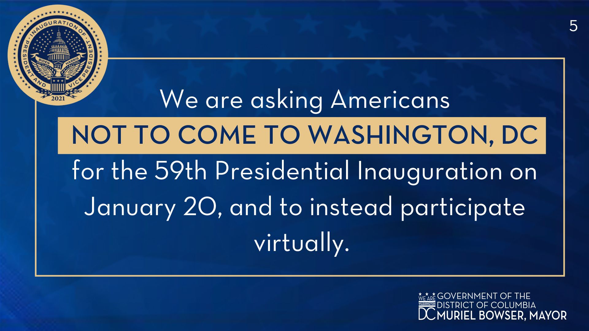 A slide from a presentation by Washington Mayor Muriel Bowser urges tourist to stay away for the inauguration.