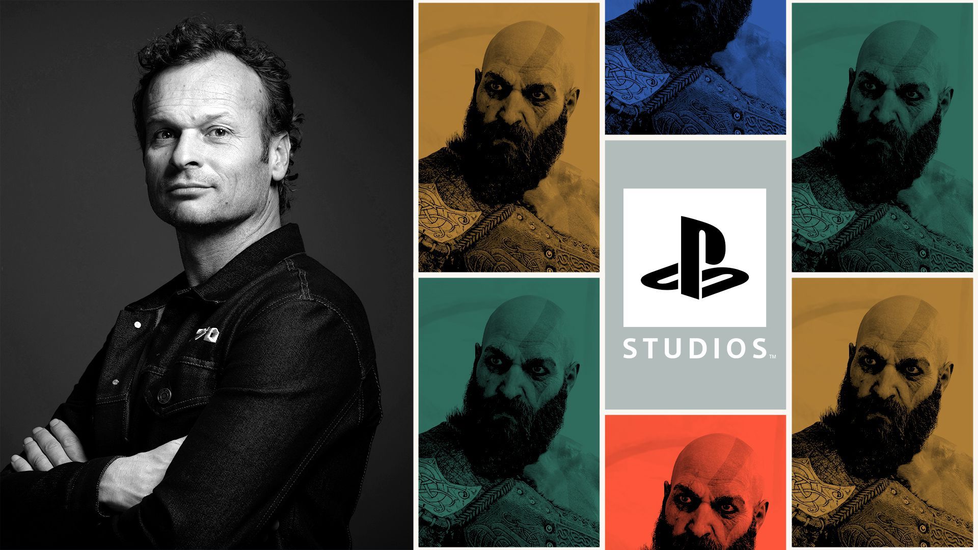 Photo illustration of Hermen Hulst next to a grid composed of the Playstation studios logo and Kratos, the main character of the God of War game.