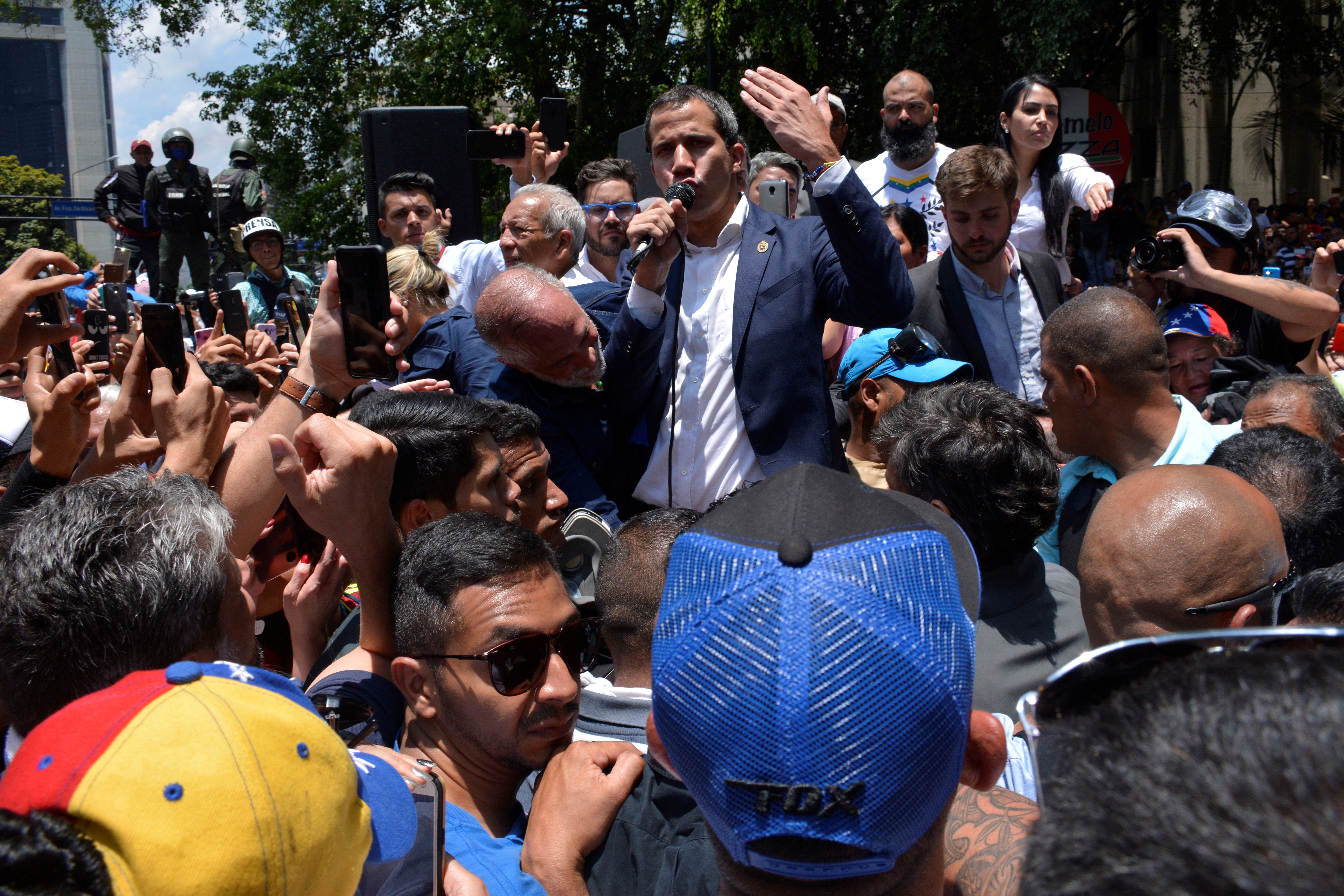  Venezuelan opposition leader Juan Guaido speaks to his supporters in Caracas.