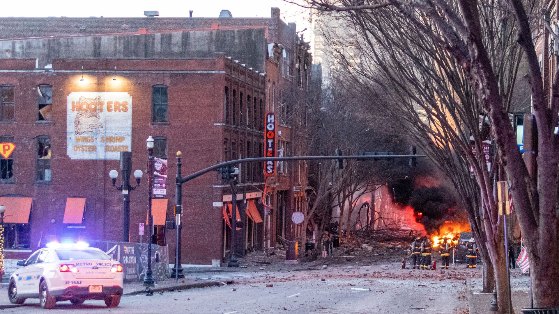 A fire burns in downtown Nashville after an RV exploded on Christmas Day