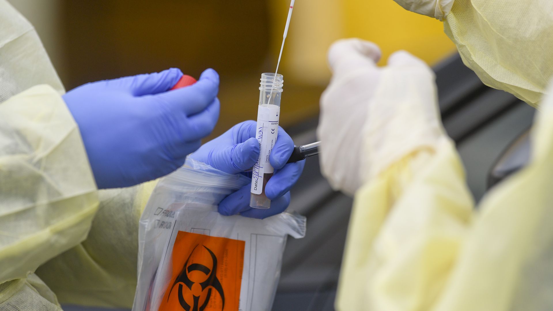 A registered nurse puts a nasal swab into a tube during a COVID-19 test