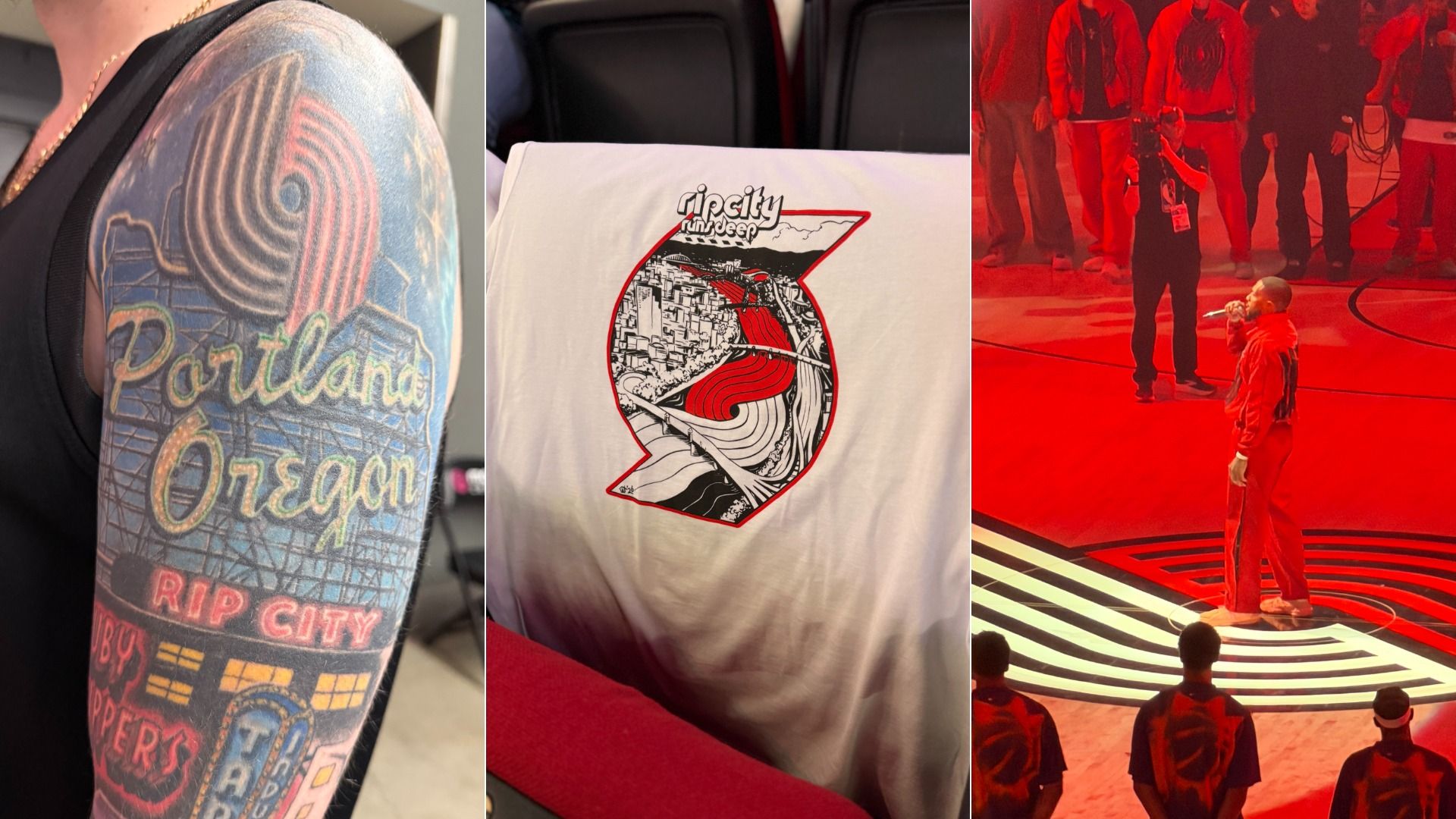 Triptych showing: left tattooed arm with Portland, Oregon; center white shirt with Rip City cityscape; right man in orange on a red-lit basketball court speaking into a mic, crew nearby.