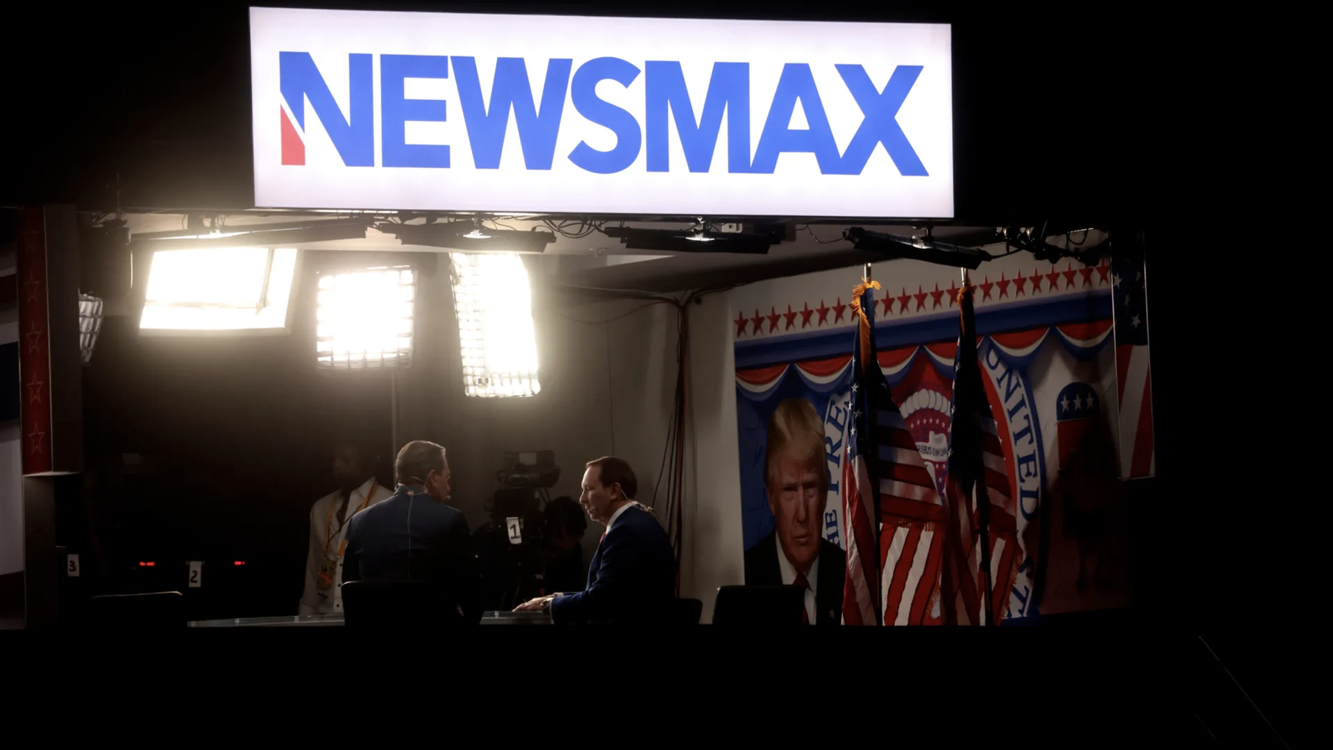 Newsmax signage during the Republican National Convention in Milwaukee, Wisconsin, last July. Photo: Eva Marie Uzcategui/Bloomberg via Getty Images