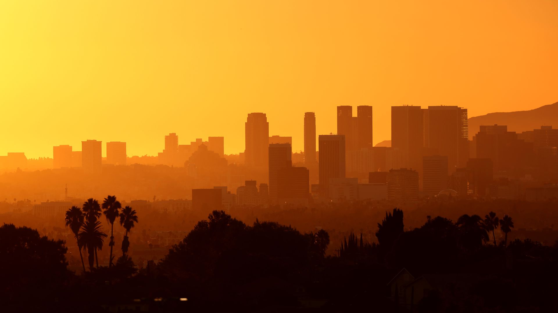 The skyline of Los Angeles at sunset