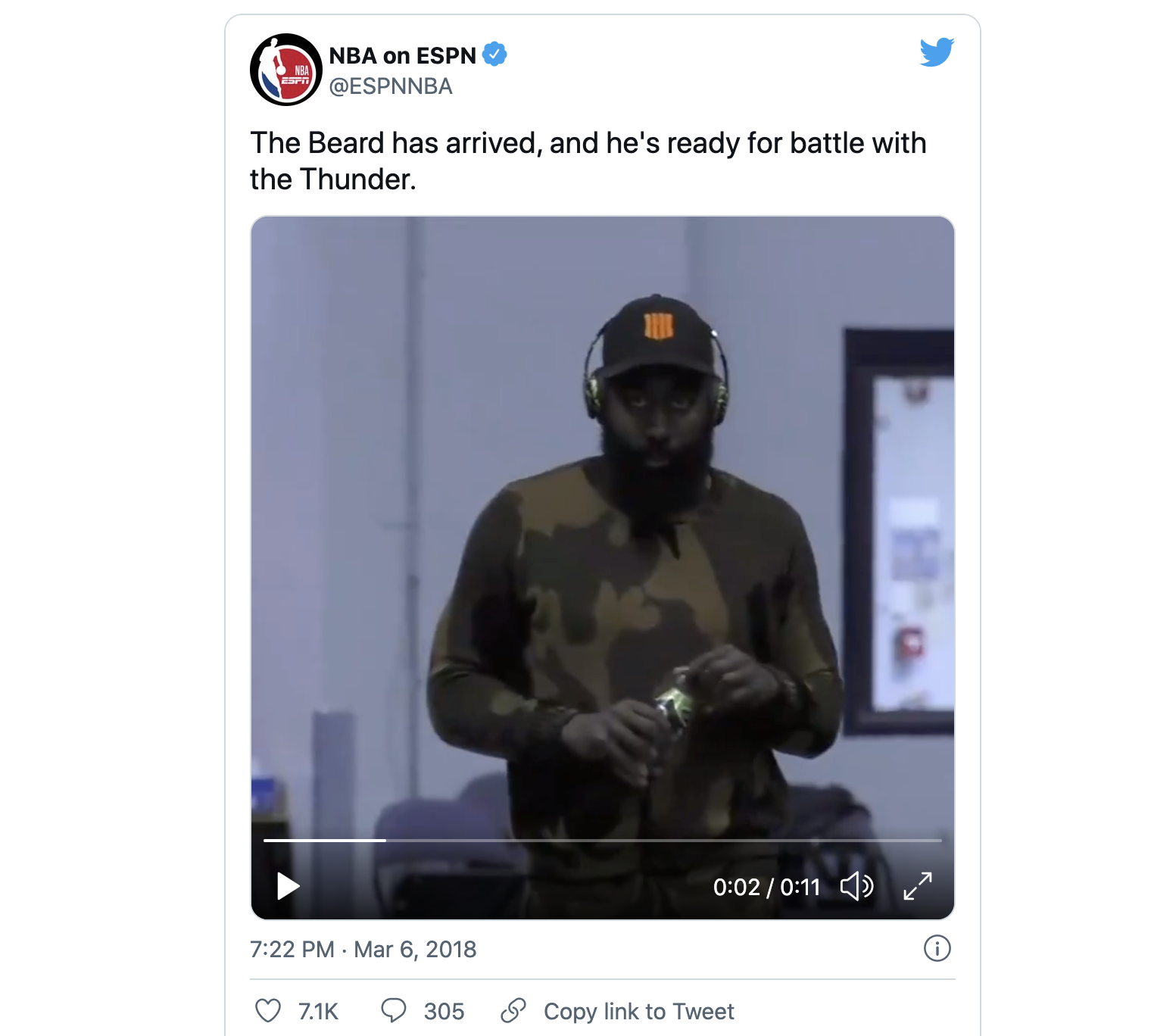 Screencap of a tweet showing an NBA player wearing a Call of Duty hat