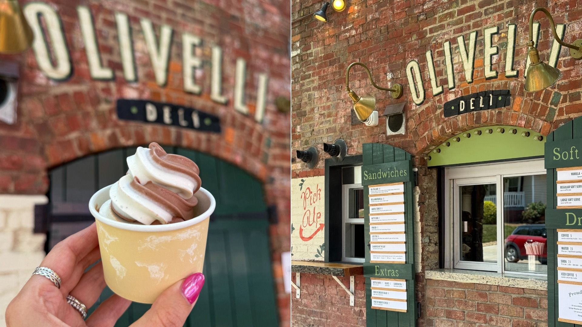 Two-panel scene: left shows a hand with pink nails holding a swirled pink-and-white ice cream in a yellow cup against a brick wall; right shows a brick deli storefront with a large OLIVE sign and green Sandwiches boards.