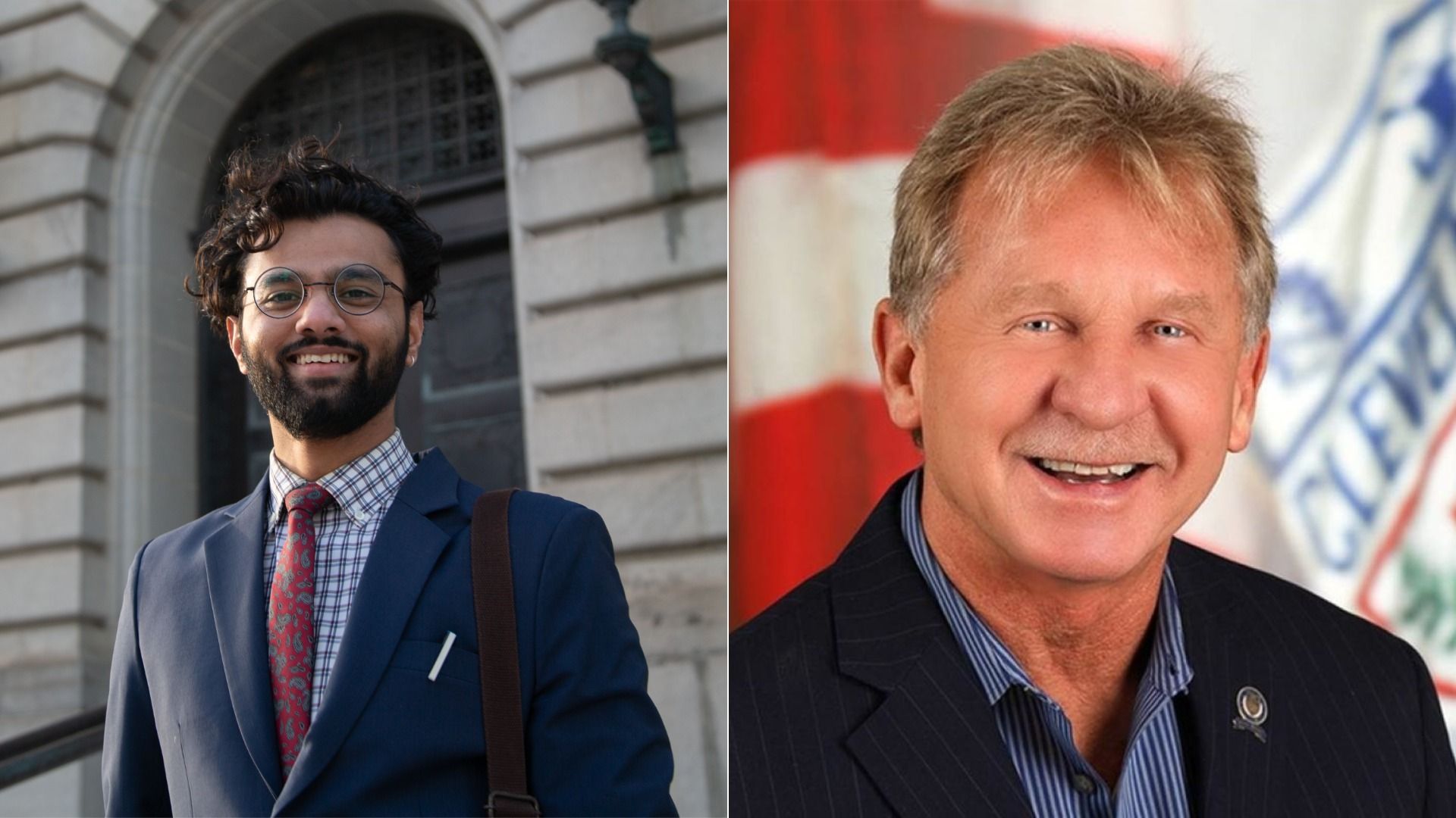 Side-by-side portraits: a smiling young man with glasses, beard, and curly hair wearing a blue suit and red patterned tie outdoors; and a smiling older man with blond hair in a dark suit indoors.