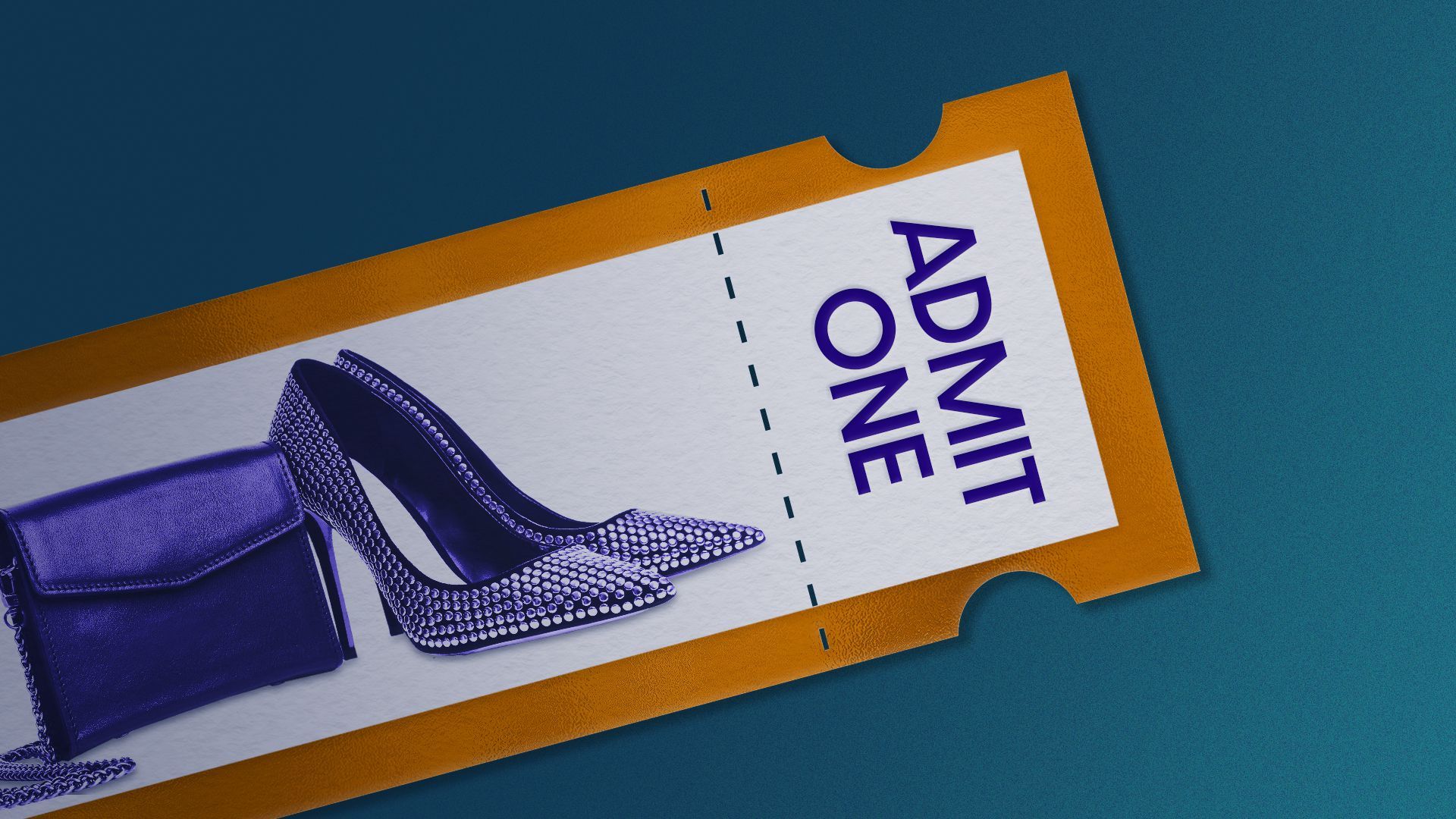 Illustration of a ticket saying "Admit One" with a picture of a pair of purple heels and a purple pocketbook.