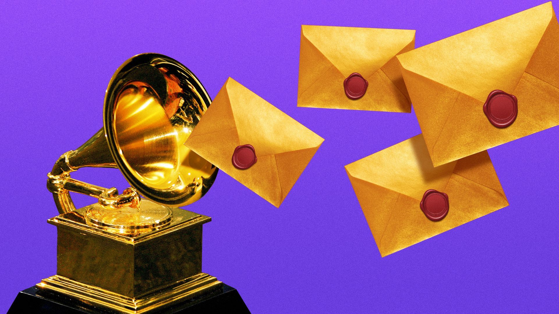 Photo illustration of gold envelopes coming out of a Grammy award.