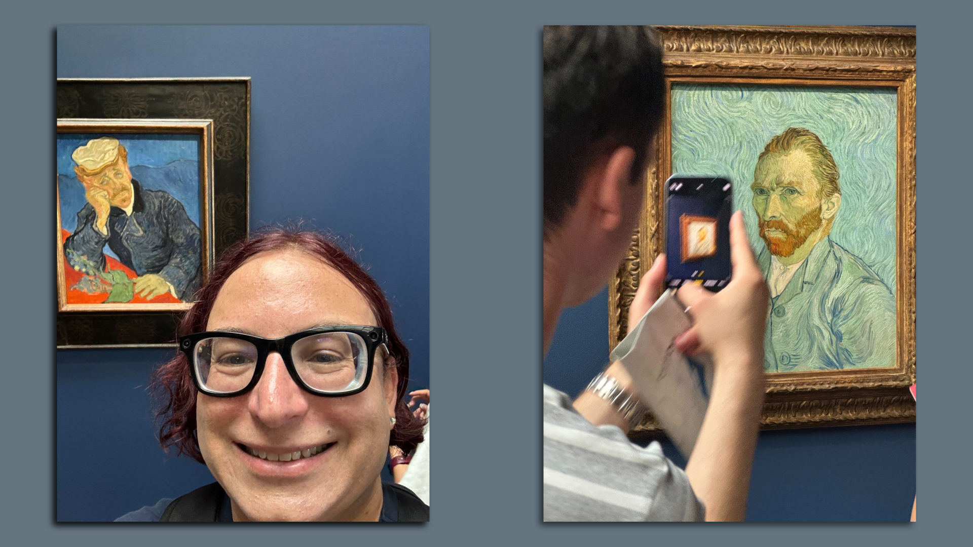 Ina Fried standing in front of two paintings by Vincent van Gogh in the Musee D’ Orsay.