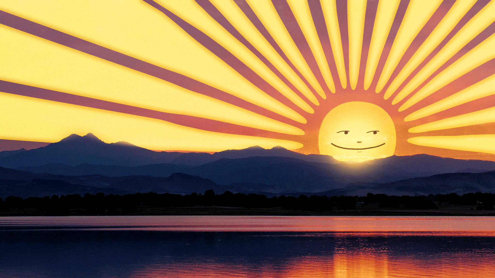 Illustration of an animated smiling sun, looking around as it sets over a mountain range. 
