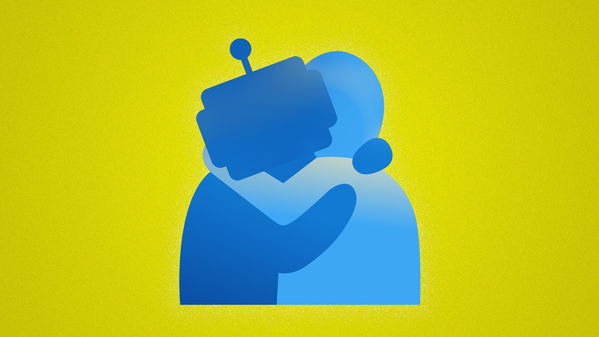 Illustration of the hug emoji with one of the huggers stylized as a robot. 