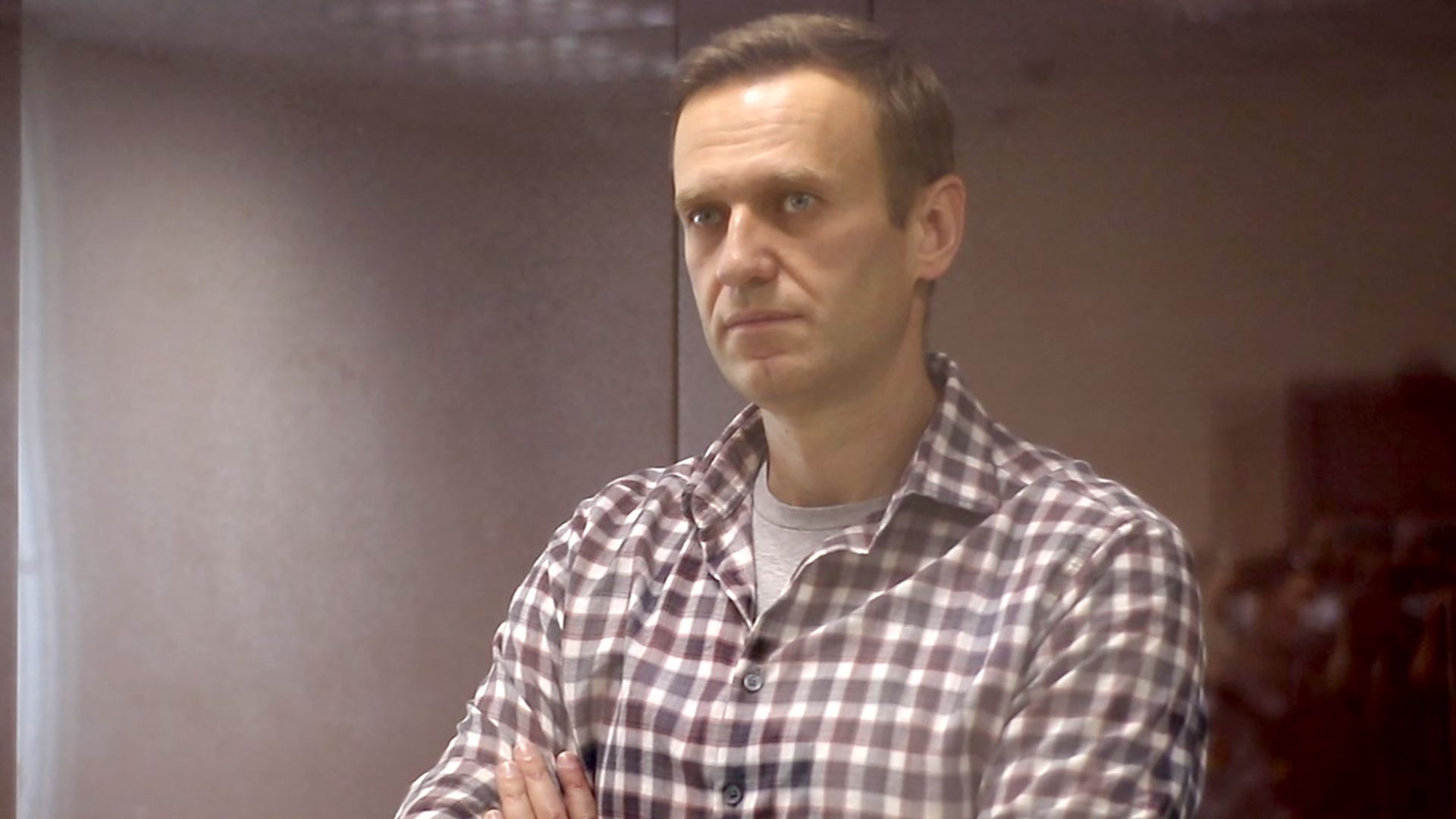 Picture of Alexei Navalny behind a glass