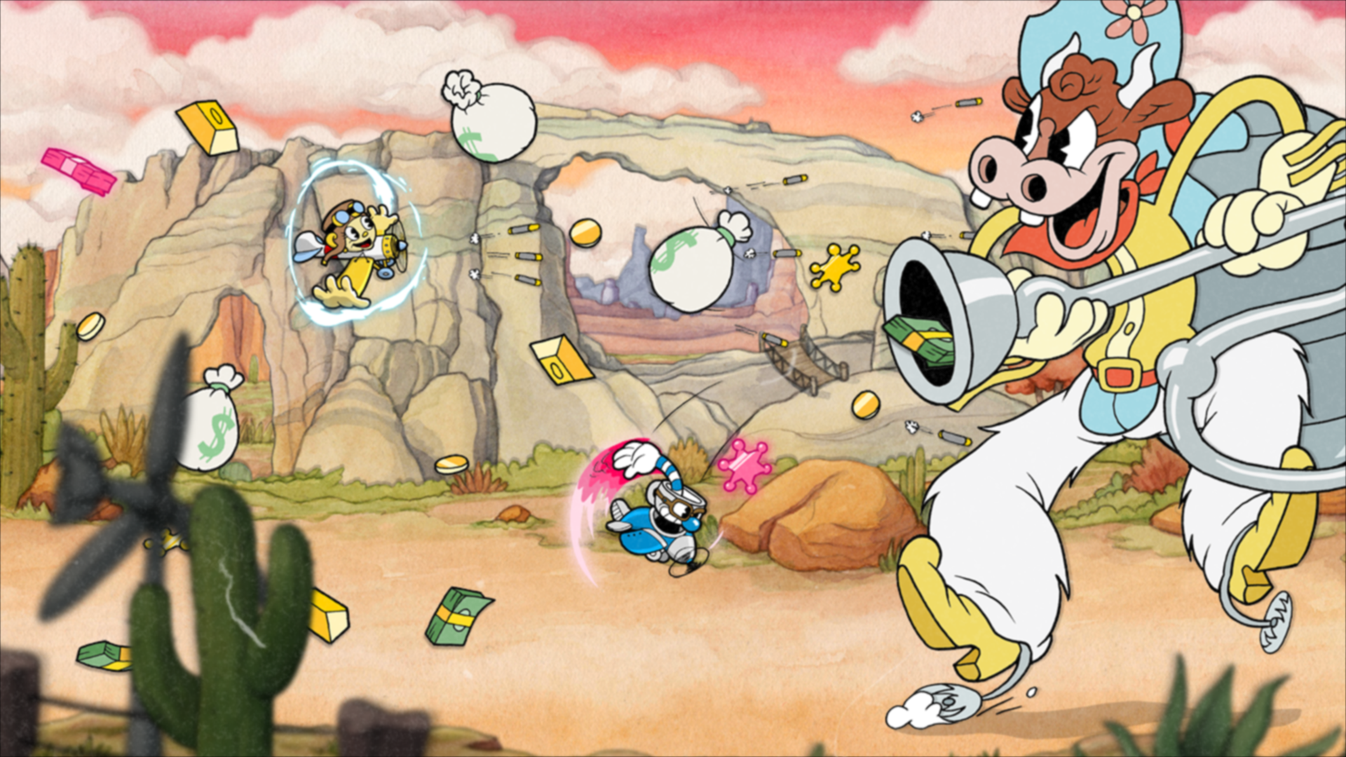 Video game screenshot of a cartoon cow dressed as a cowboy shooting a big gun at another character in a small blue airplane