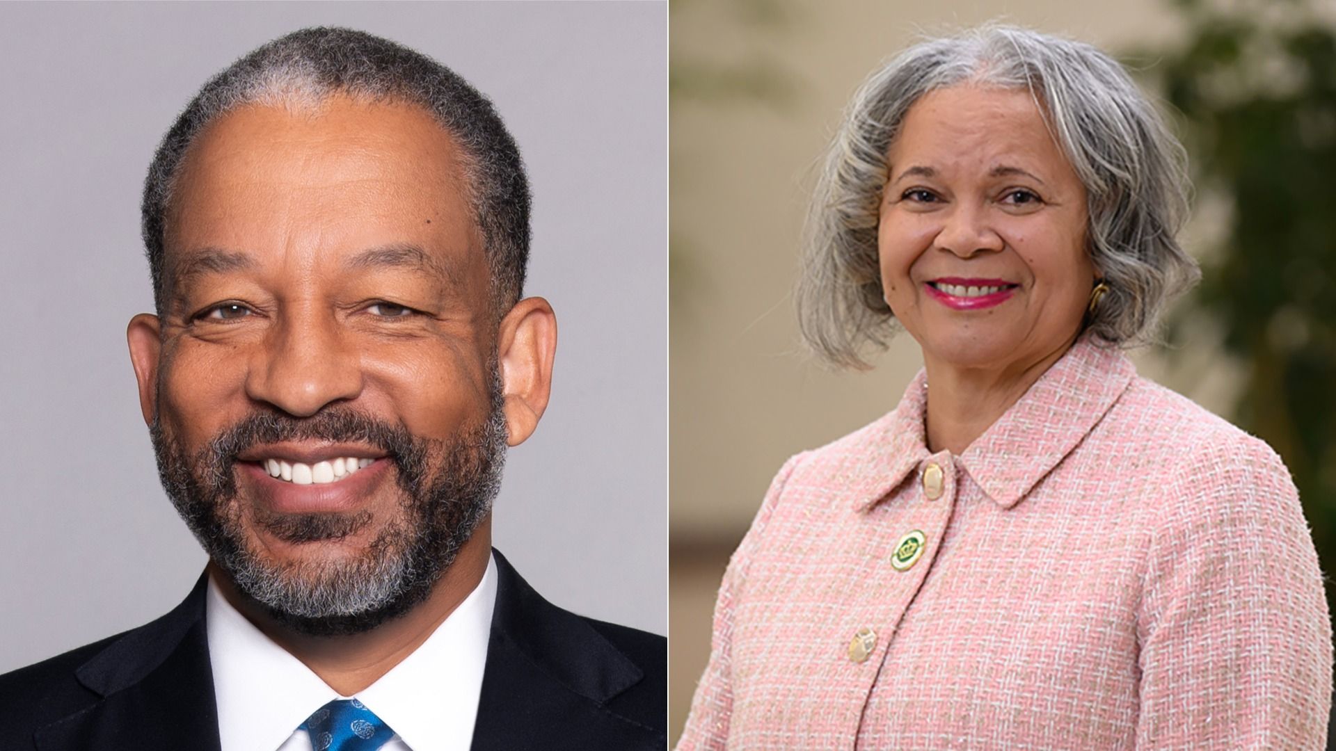 Side-by-side portraits: left a smiling man in a dark suit and blue tie; right an older woman with gray hair in a pink textured blazer, both smiling at the camera.