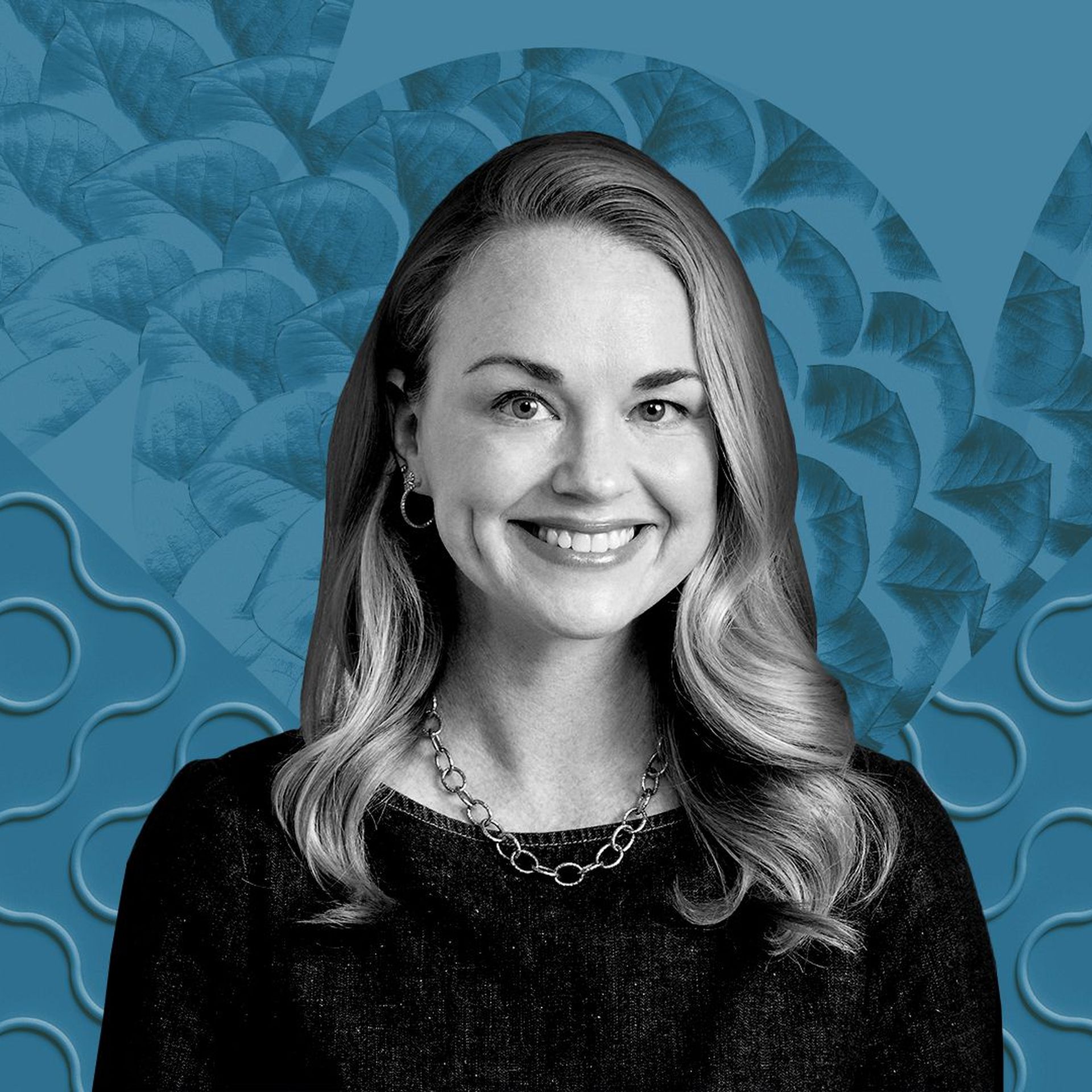 Photo illustration of Dani Dudeck in front of patterned background shapes