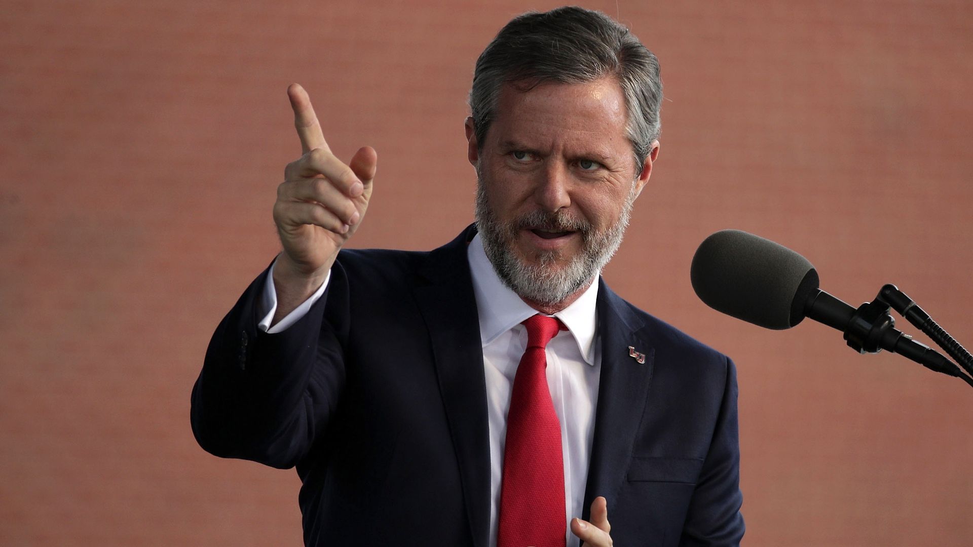 Jerry Falwell speaking during a commencement at Liberty University in May 2017 in Lynchburg, Virginia.