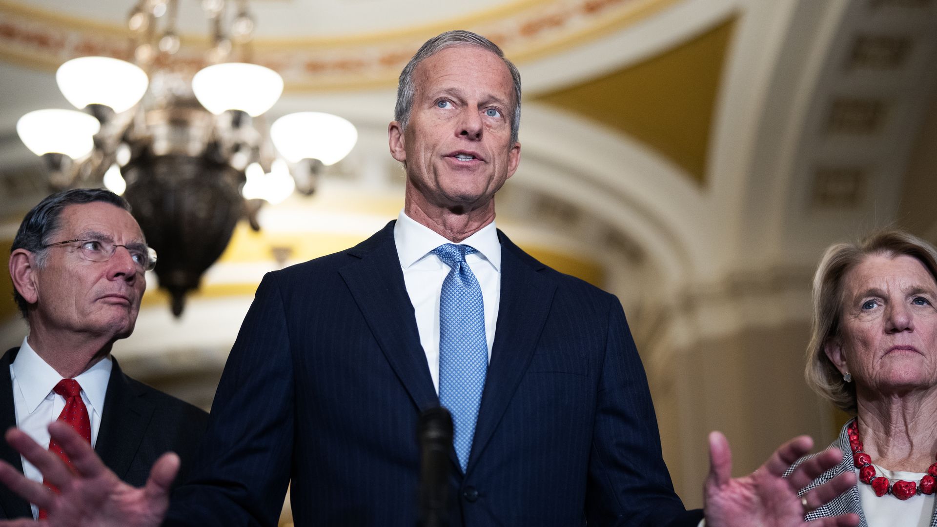 Senate Majority Leader John Thune, R-S.D., conducts a news conference after the Senate luncheons in the U.S. Capitol