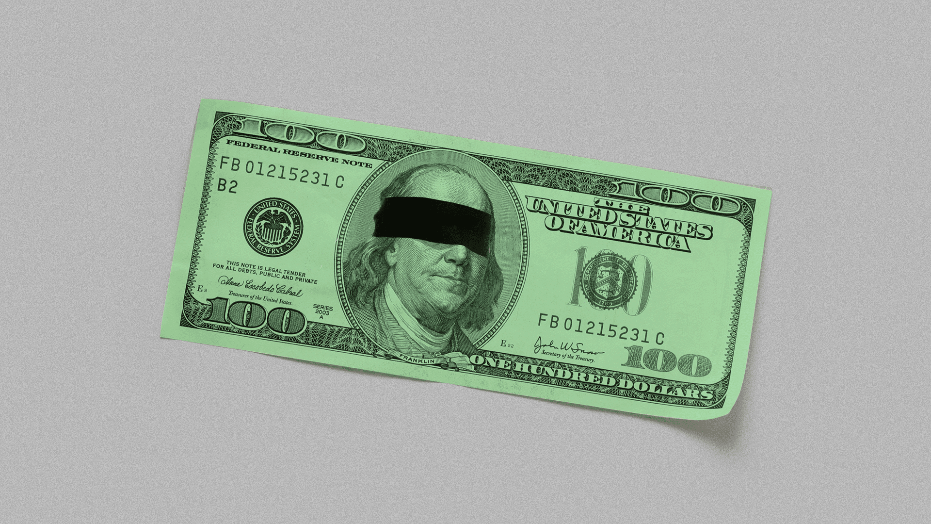 an illustration of benjamin franklin on a 100 dollar bill wearing a blindfold