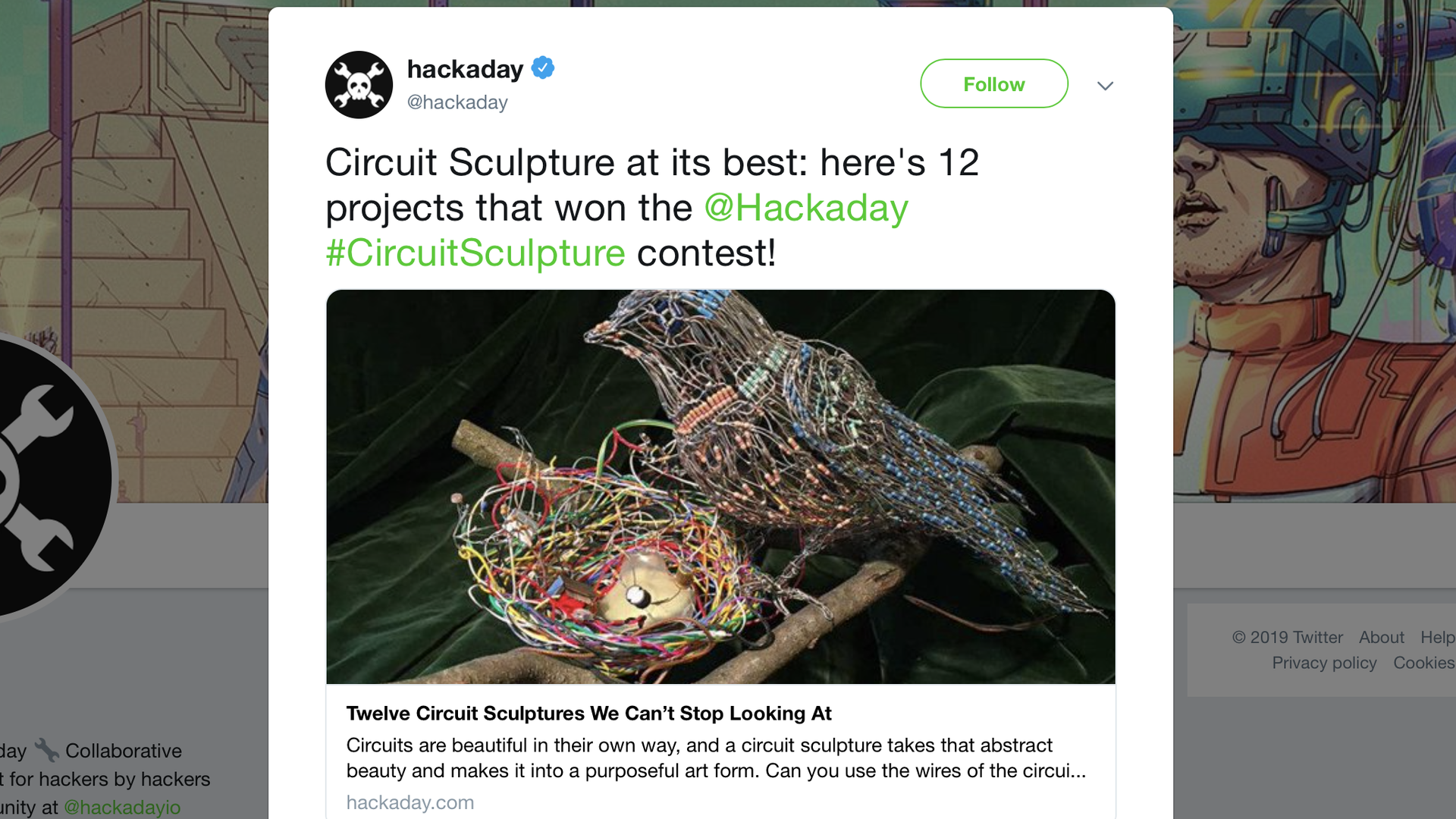 A tweet about the best sculptures made from electrical circuits