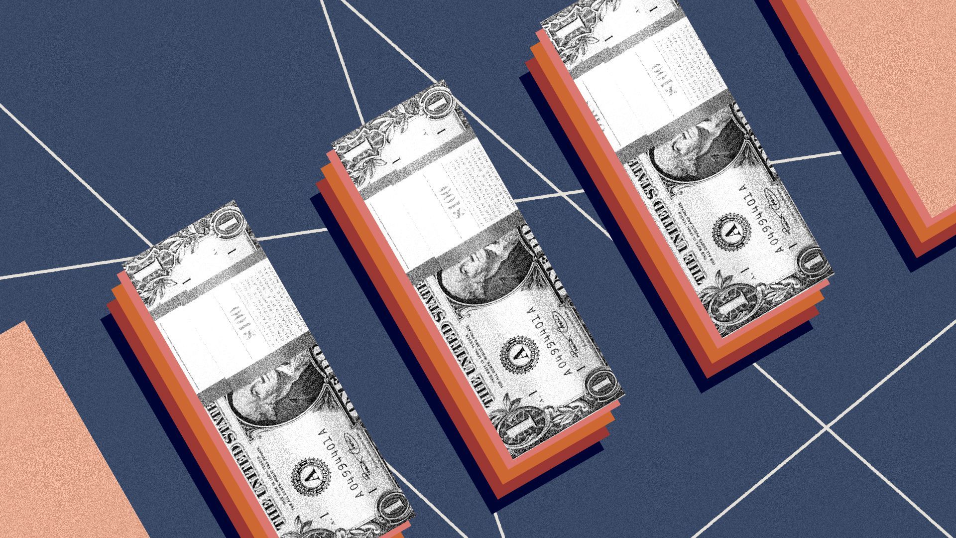 Photo illustration of stacks of money as partial vector shapes. 