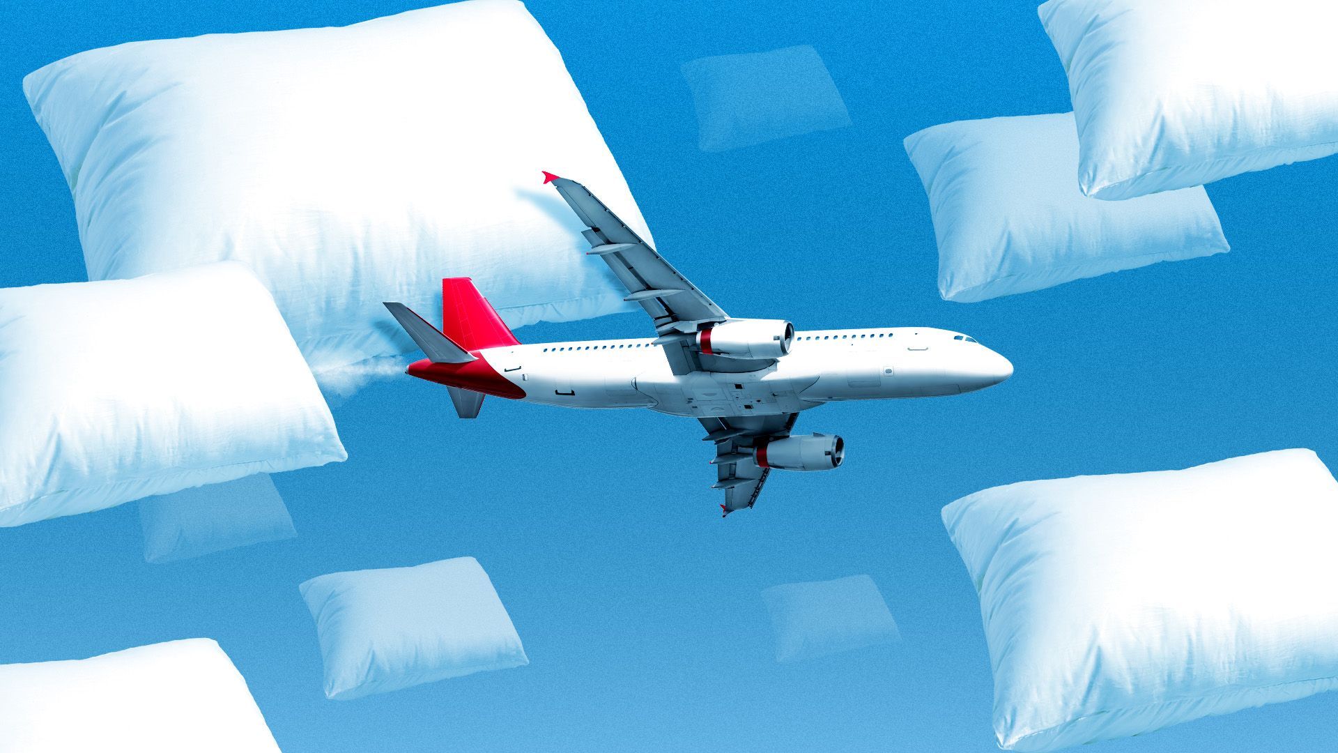 Illustration of an airplane flying through a series of pillow-shaped clouds