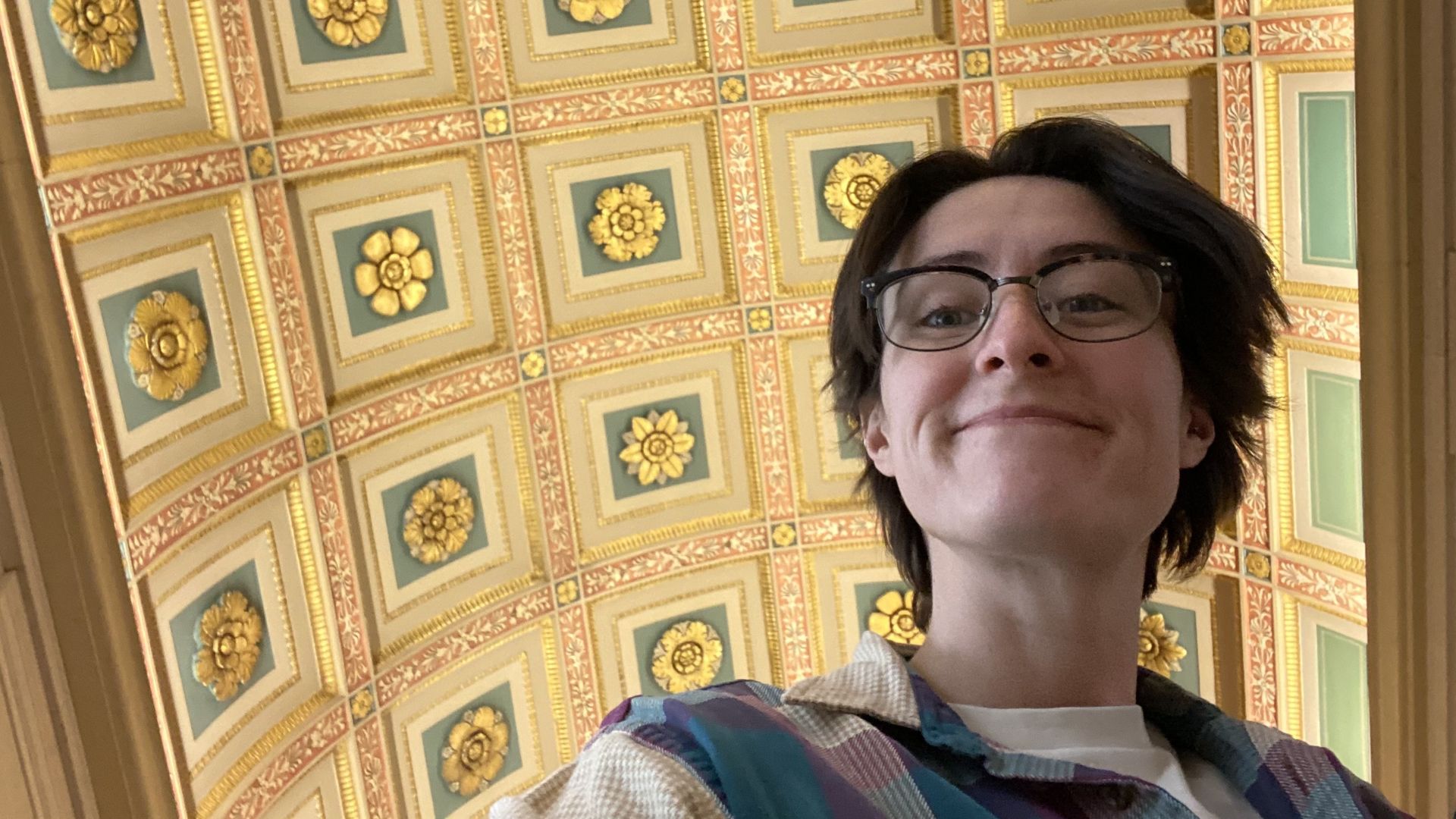 Annalise inside a mystery Albert Kahn building.