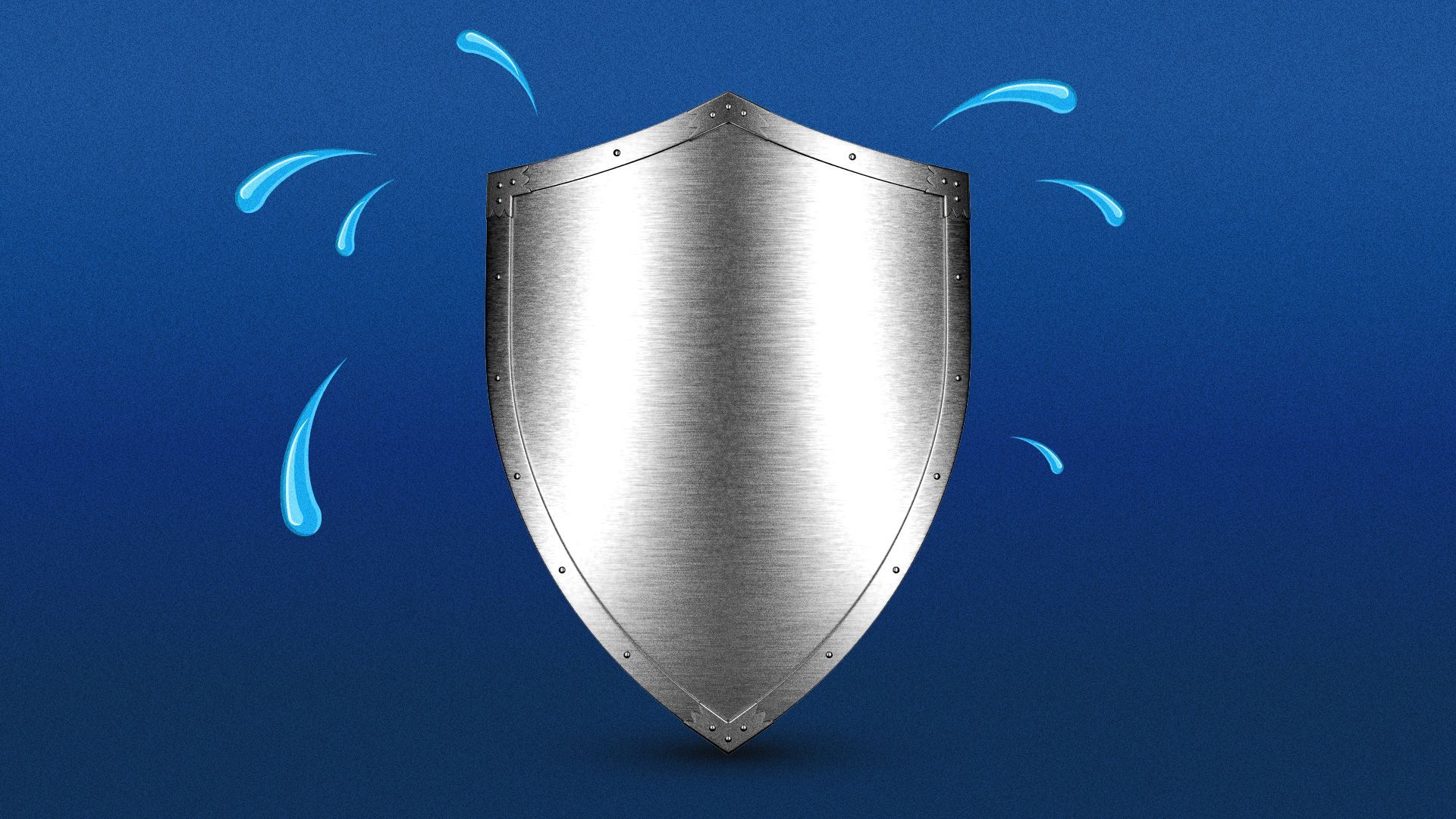 Illustration of a metal shield on a blue background with sweat splashing around it.