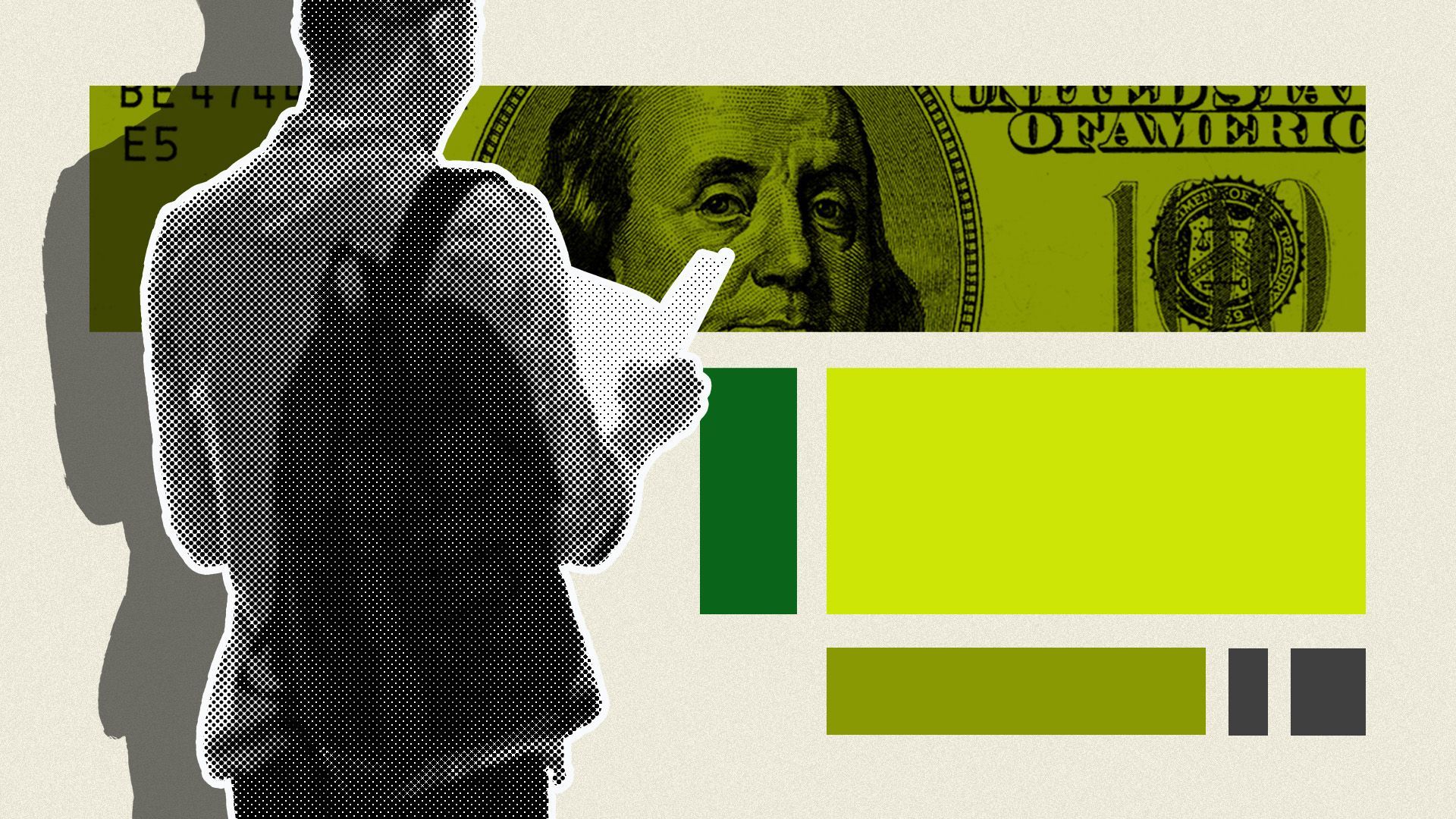 Illustrated collage of an  African American student reading a book surrounded by various rectangles and a hundred dollar bill